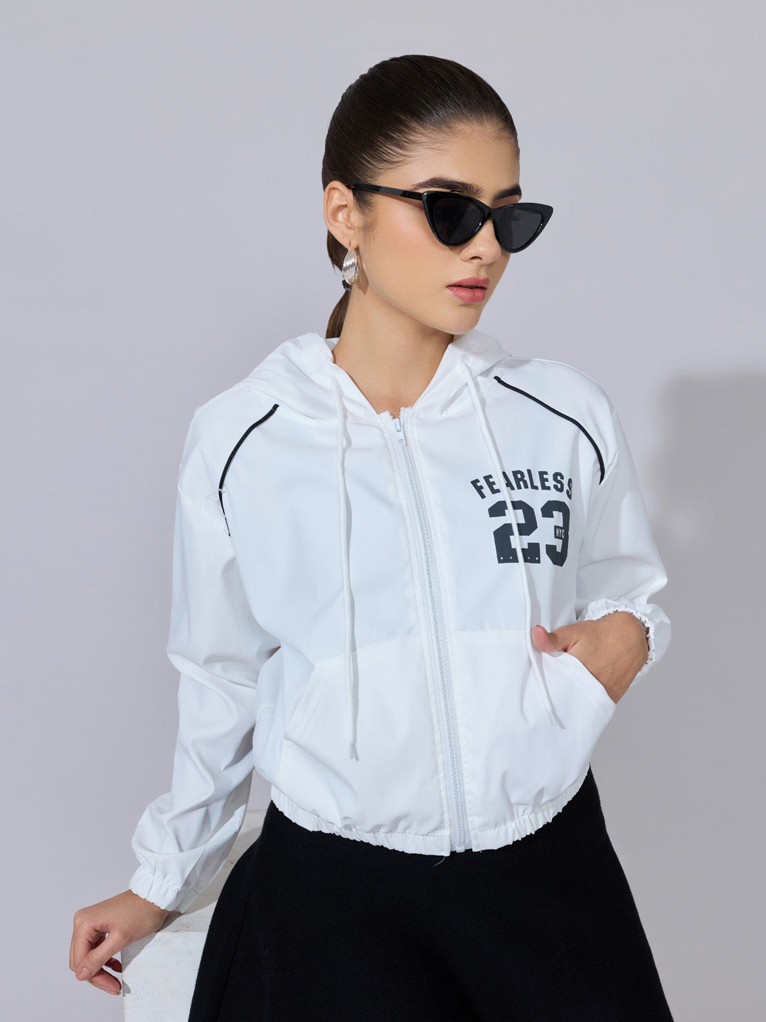 Women's Printed White Black Hooded Zip-Up Jacket