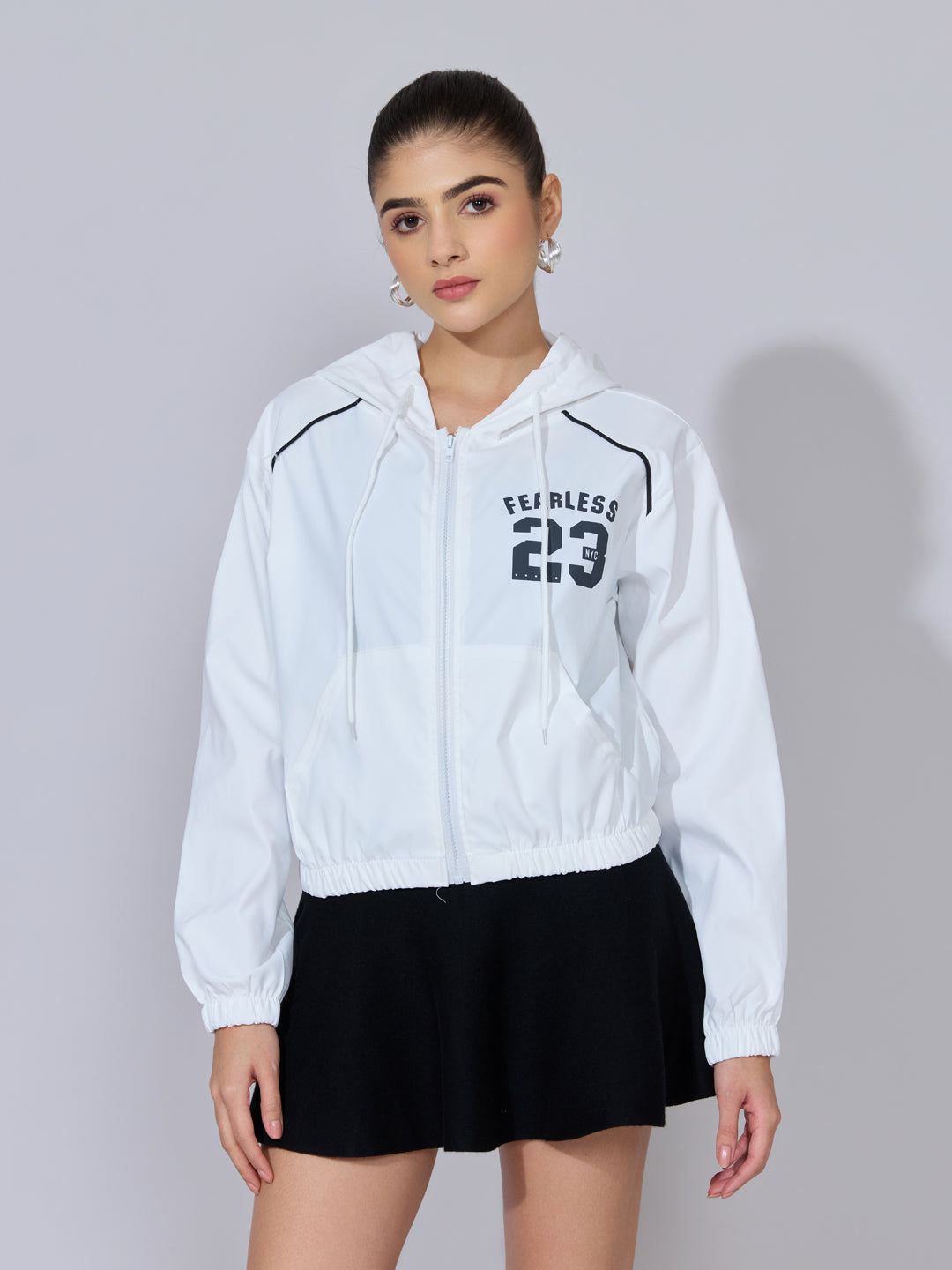 Women's Printed White Black Hooded Zip-Up Jacket