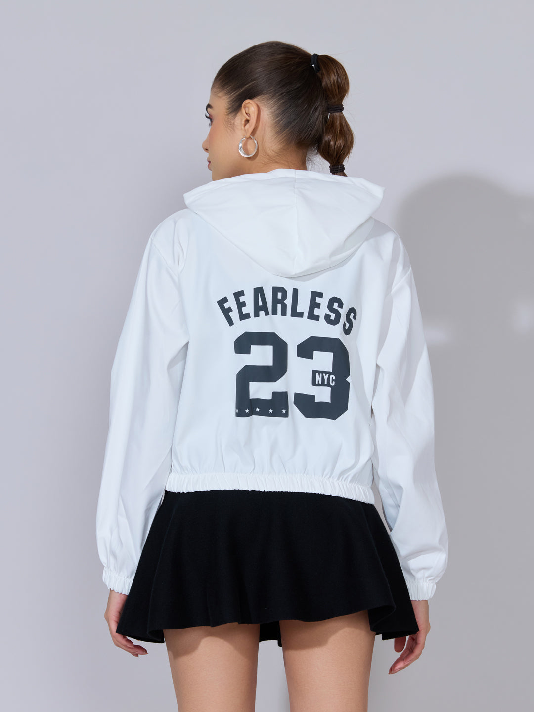 Women's Printed White Black Hooded Zip-Up Jacket