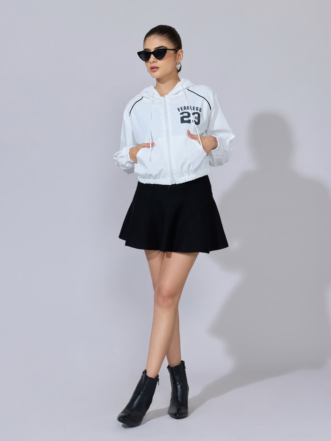 Women's Printed White Black Hooded Zip-Up Jacket