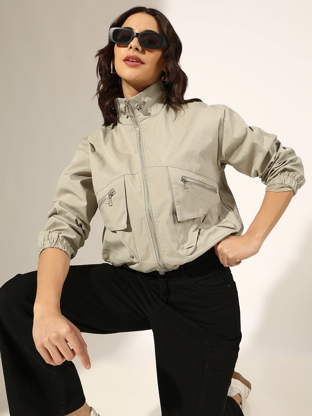 Women's Beige Bomber Jacket with Utility Pockets