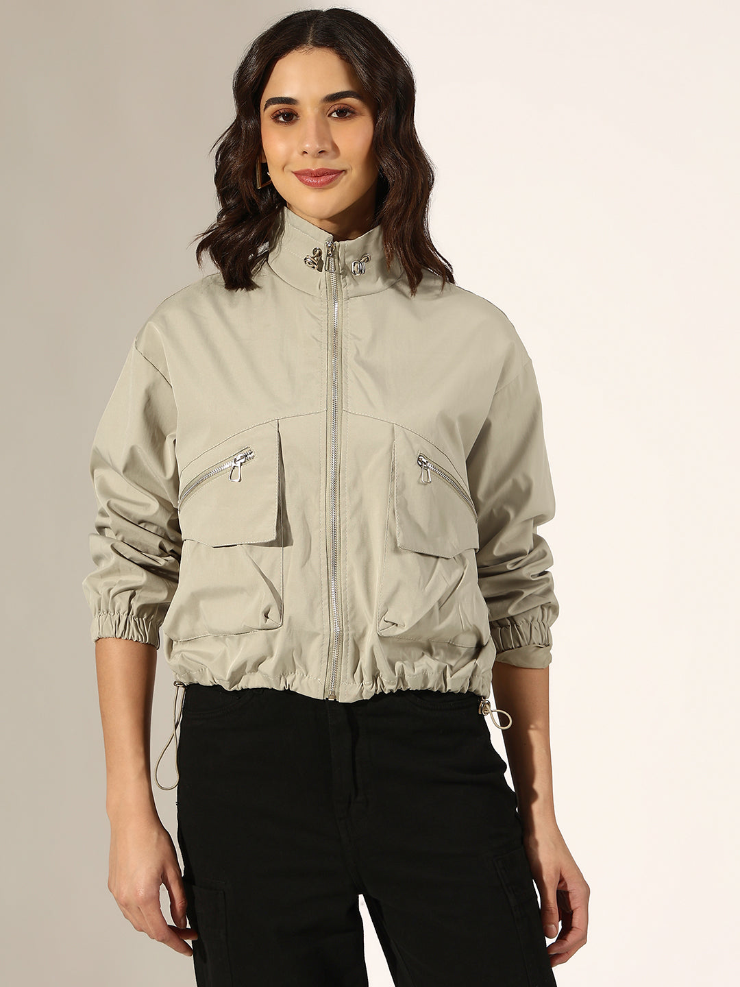 Women's Beige Bomber Jacket with Utility Pockets