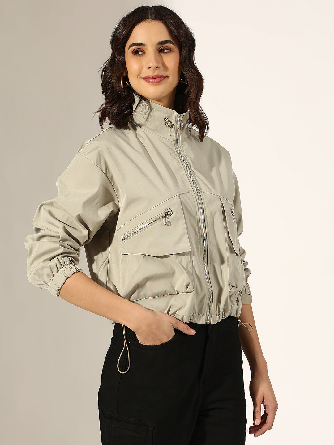 Women's Beige Bomber Jacket with Utility Pockets