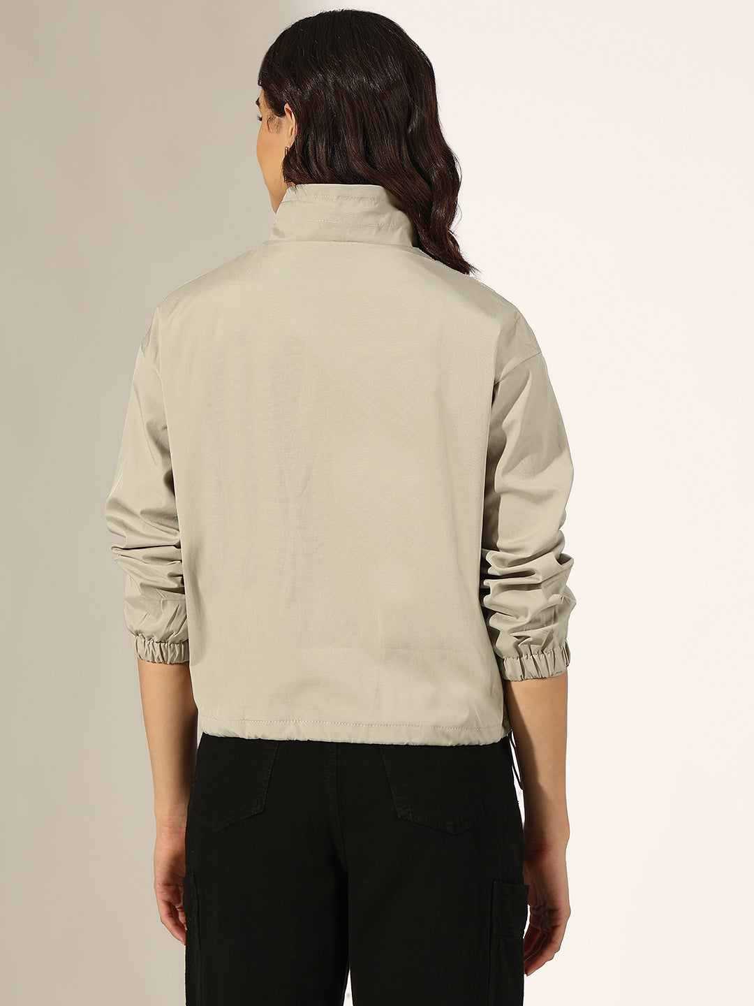 Women's Beige Bomber Jacket with Utility Pockets