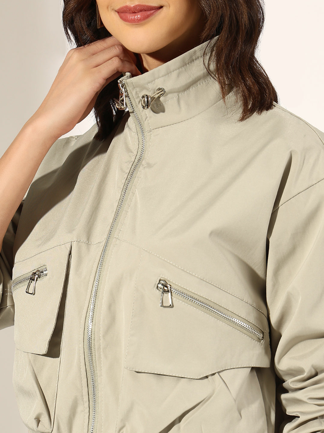 Women's Beige Bomber Jacket with Utility Pockets