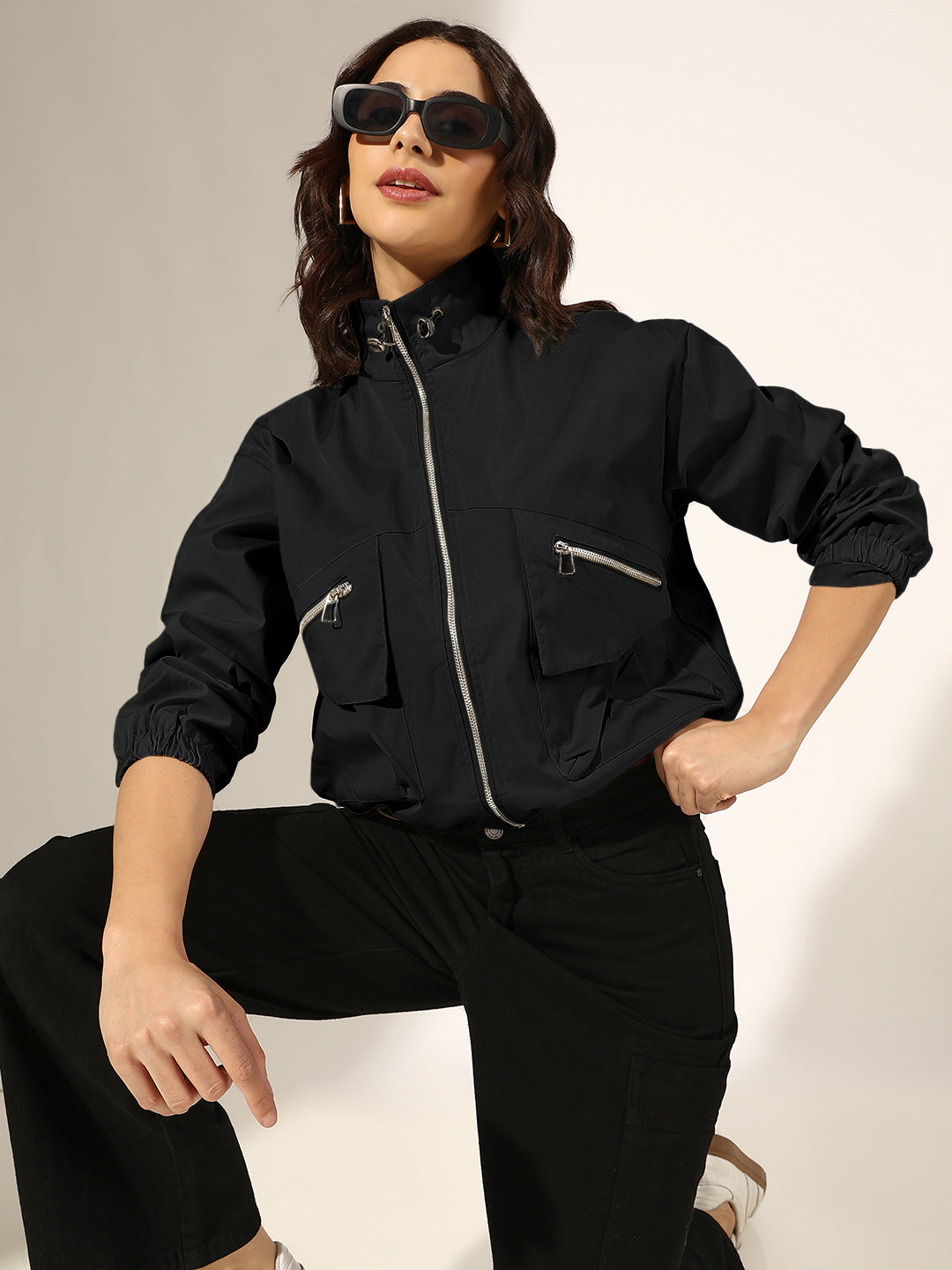 Women's Black Bomber Jacket with Utility Pockets
