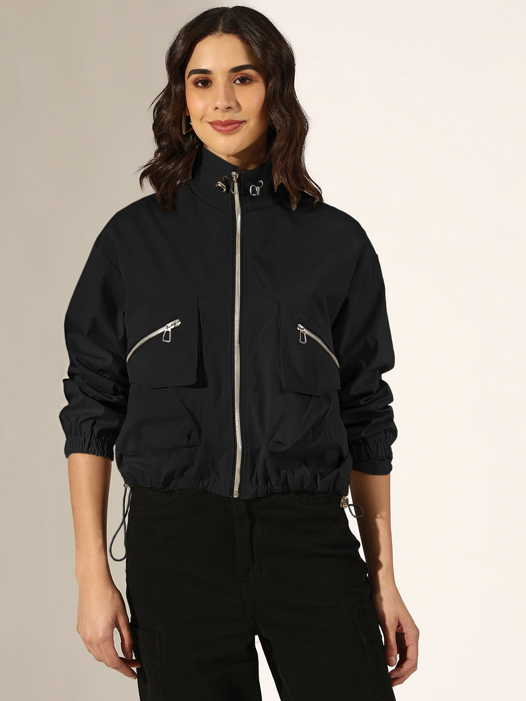 Women's Black Bomber Jacket with Utility Pockets