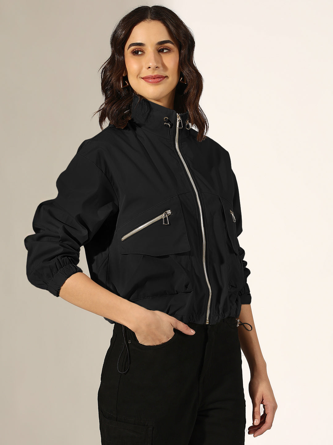 Women's Black Bomber Jacket with Utility Pockets