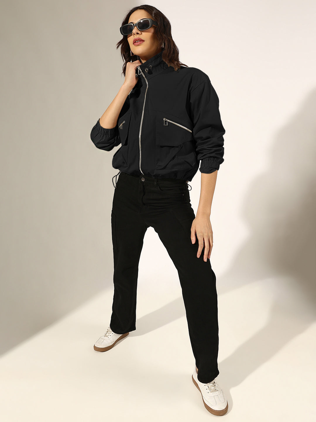 Women's Black Bomber Jacket with Utility Pockets