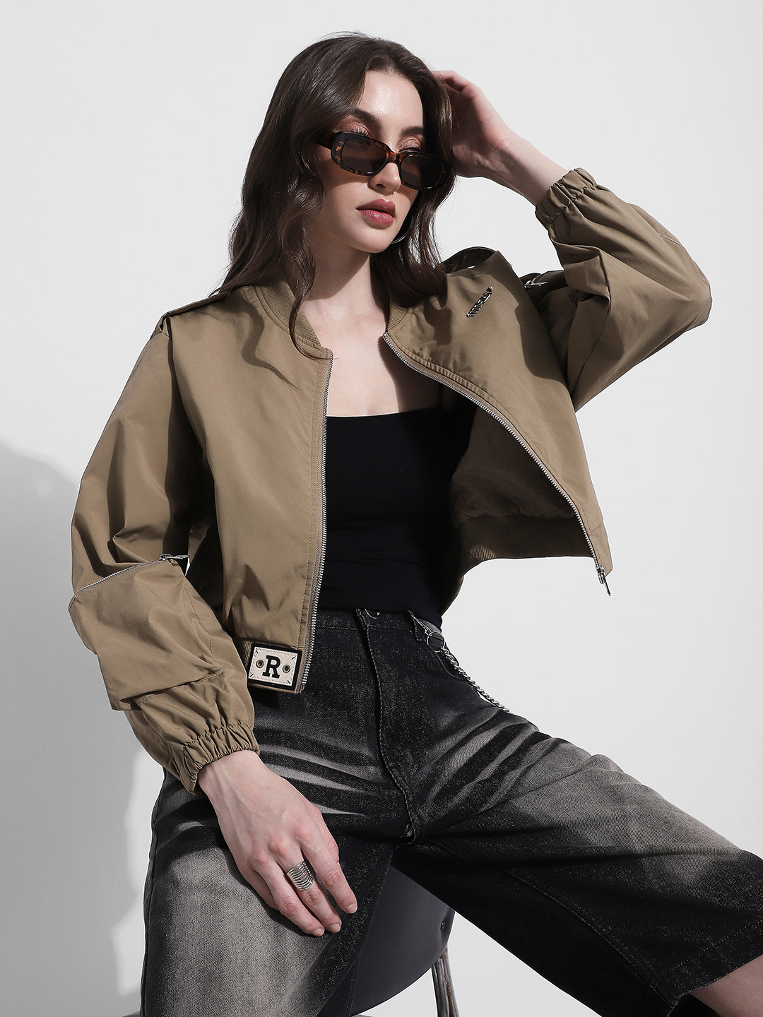 Women's Khaki Bomber Jacket with Utility Sleeve Pocket