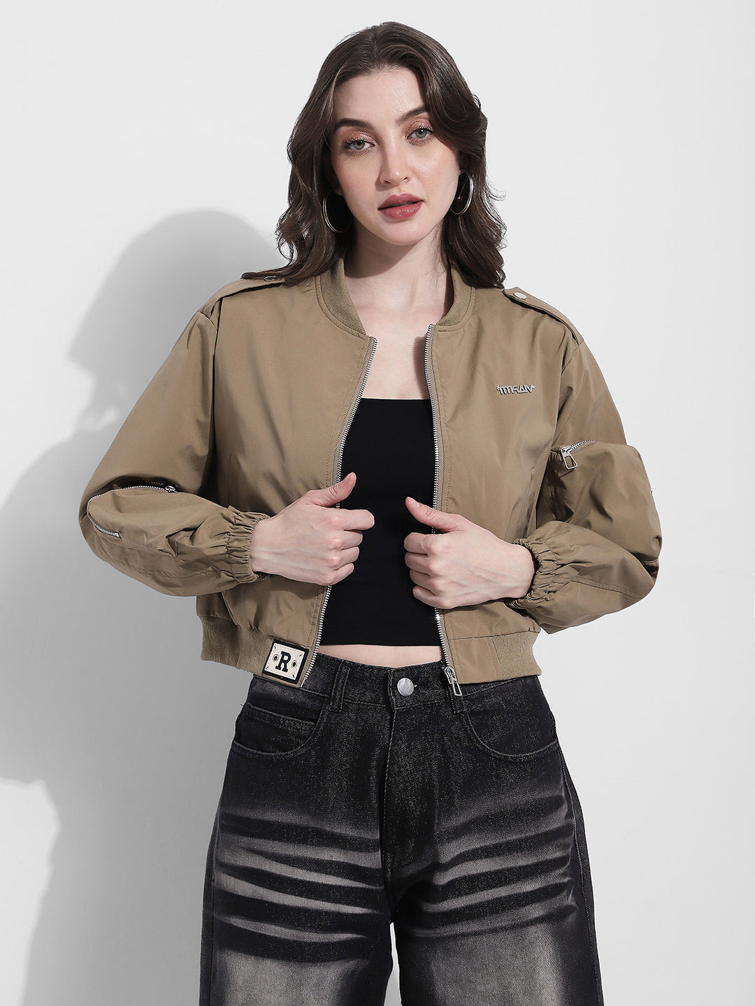 Women's Khaki Bomber Jacket with Utility Sleeve Pocket
