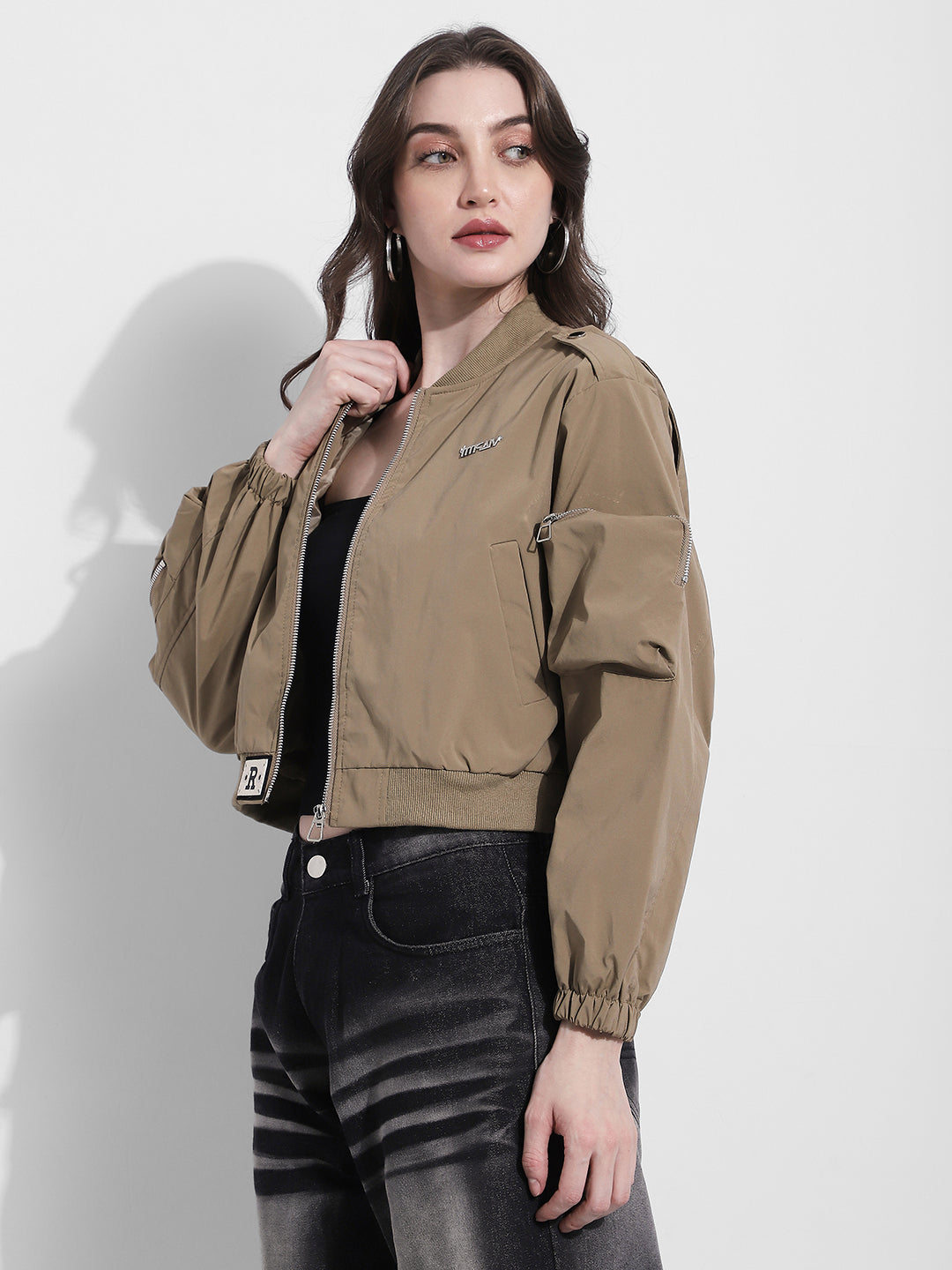 Women's Khaki Bomber Jacket with Utility Sleeve Pocket