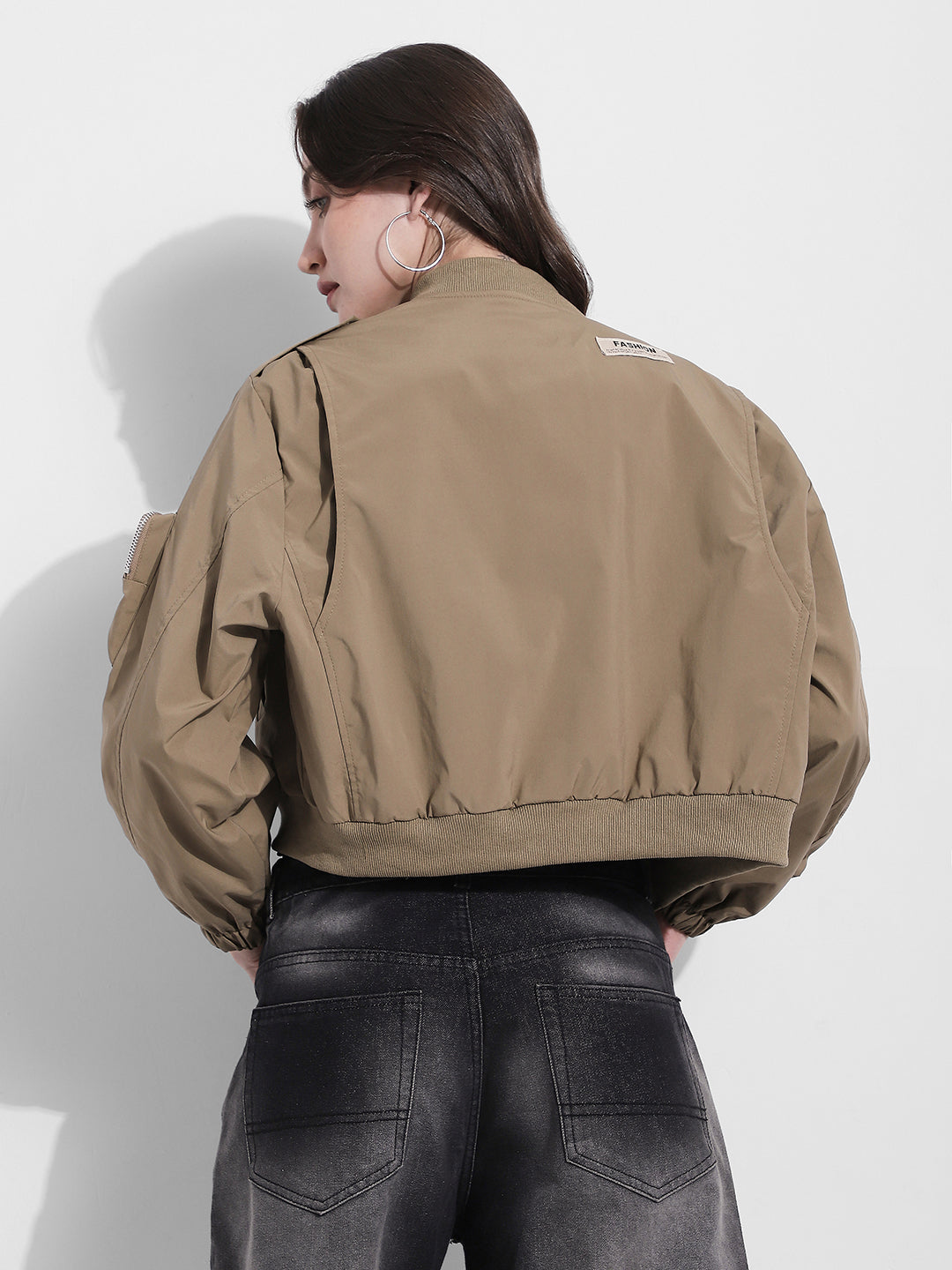 Women's Khaki Bomber Jacket with Utility Sleeve Pocket