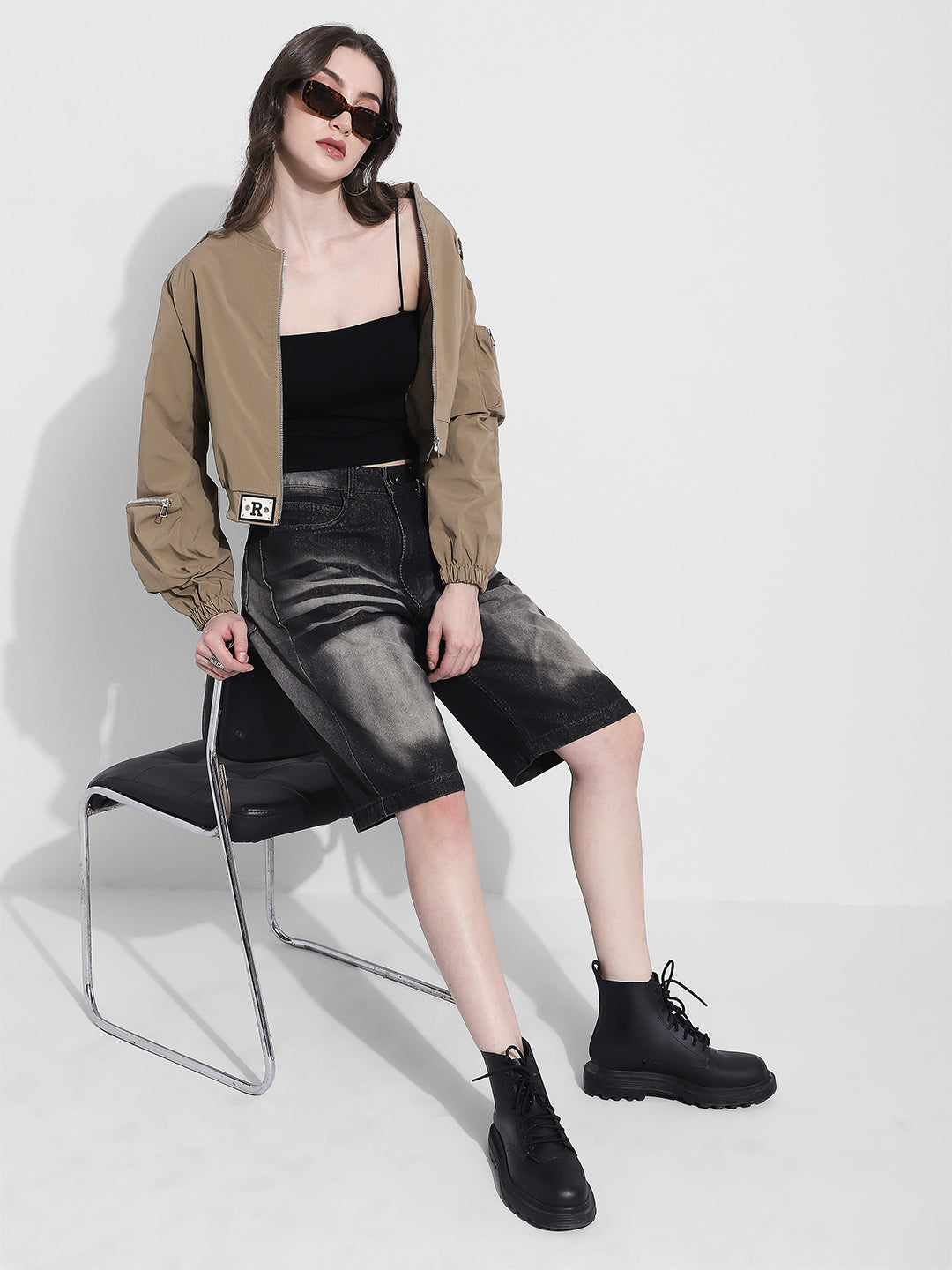 Women's Khaki Bomber Jacket with Utility Sleeve Pocket