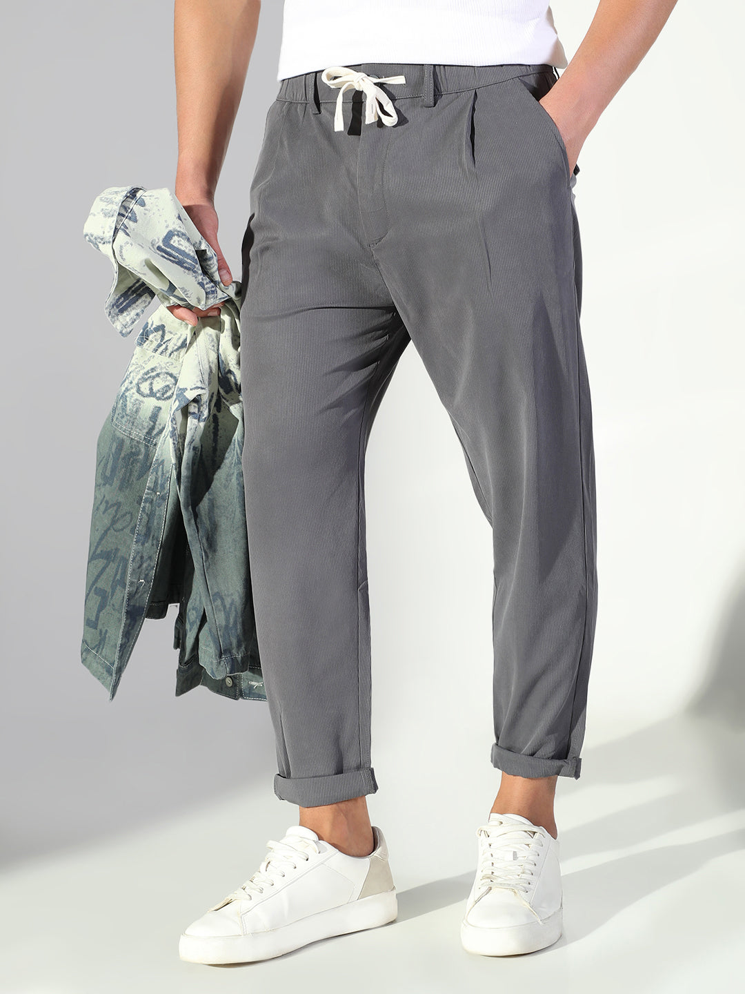 Men Grey Solid Korean Trousers