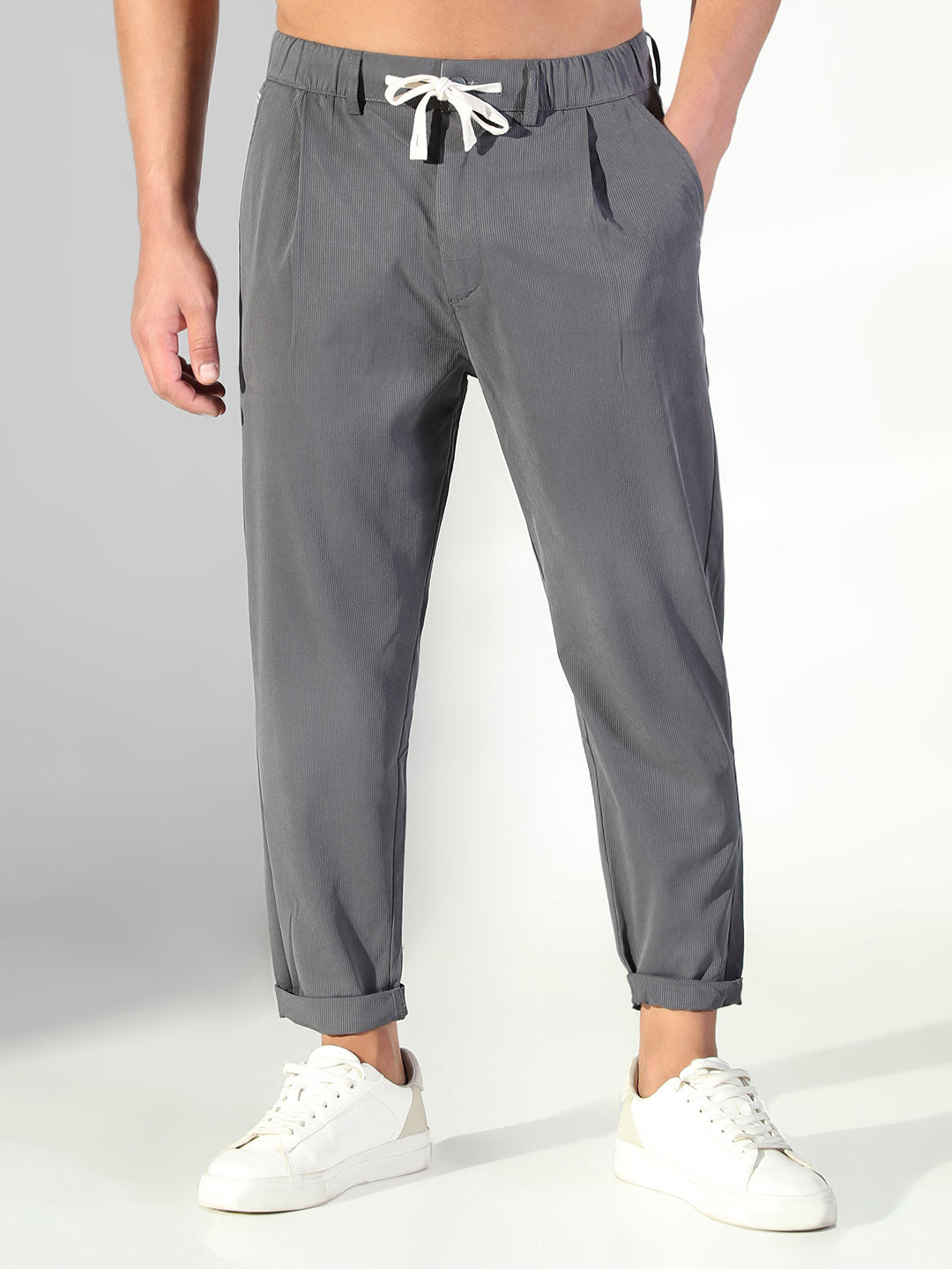 Men Grey Solid Korean Trousers