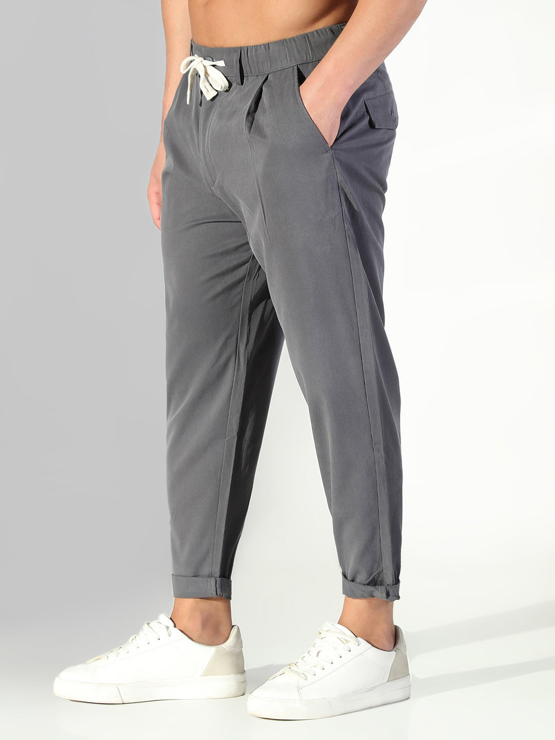 Men Grey Solid Korean Trousers