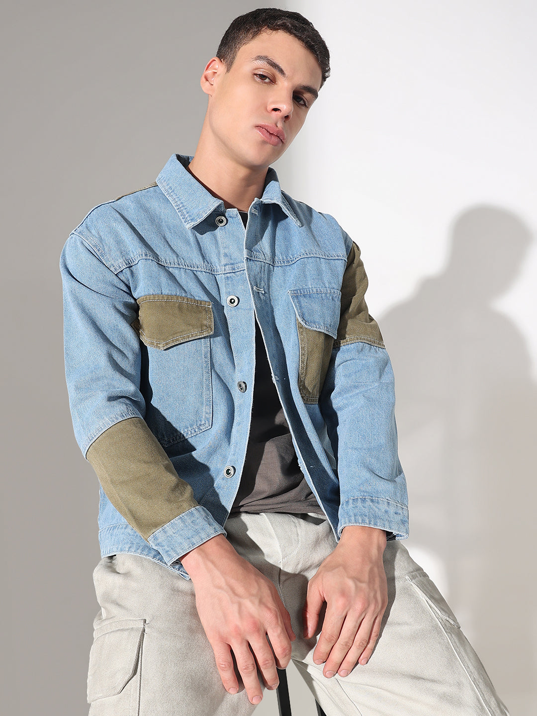 Men's Solid Blue Oversized Denim Jacket with Patchwork Detail