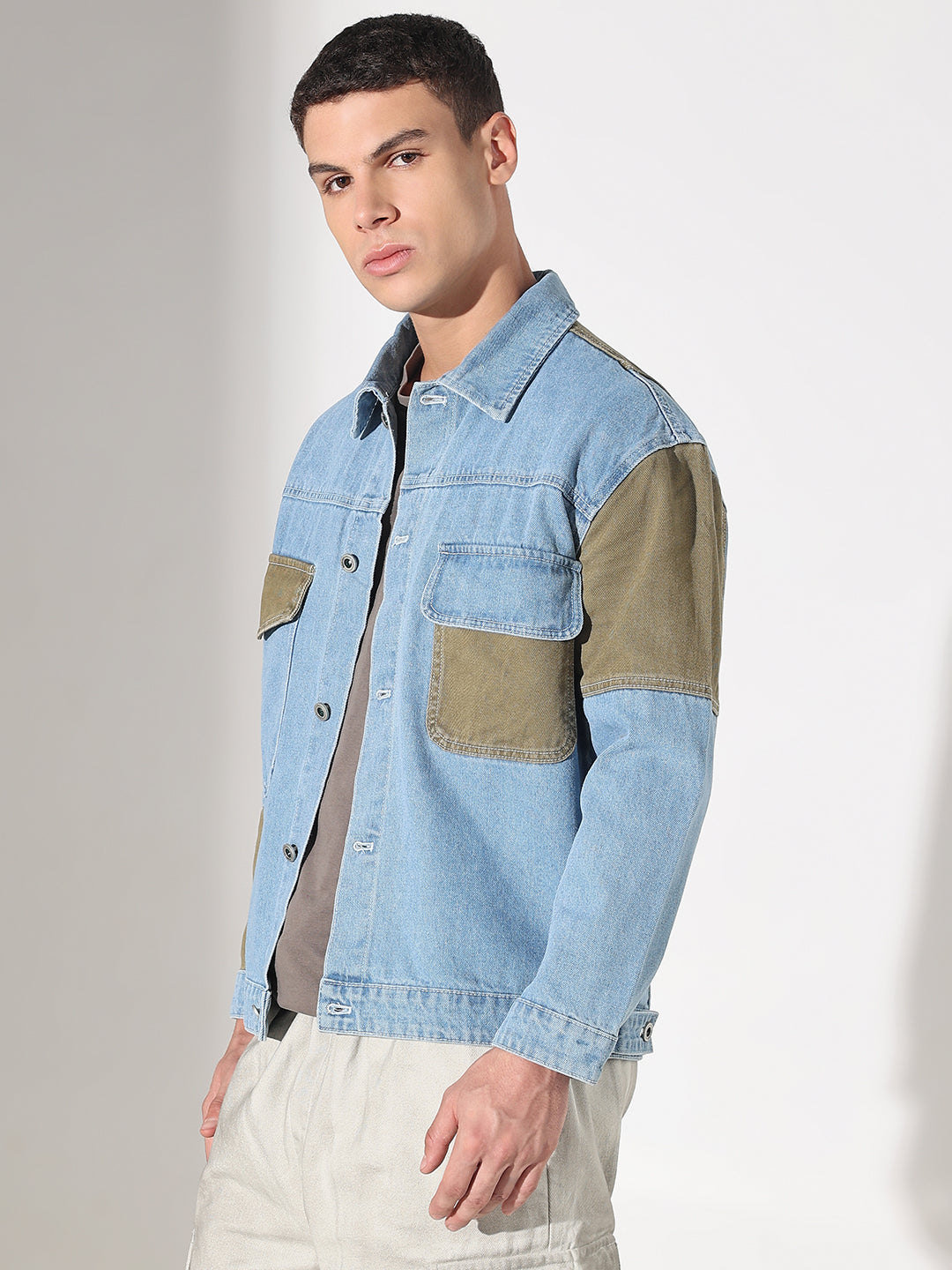 Men's Solid Blue Oversized Denim Jacket with Patchwork Detail