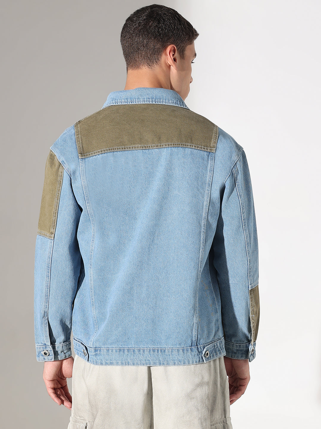 Men's Solid Blue Oversized Denim Jacket with Patchwork Detail
