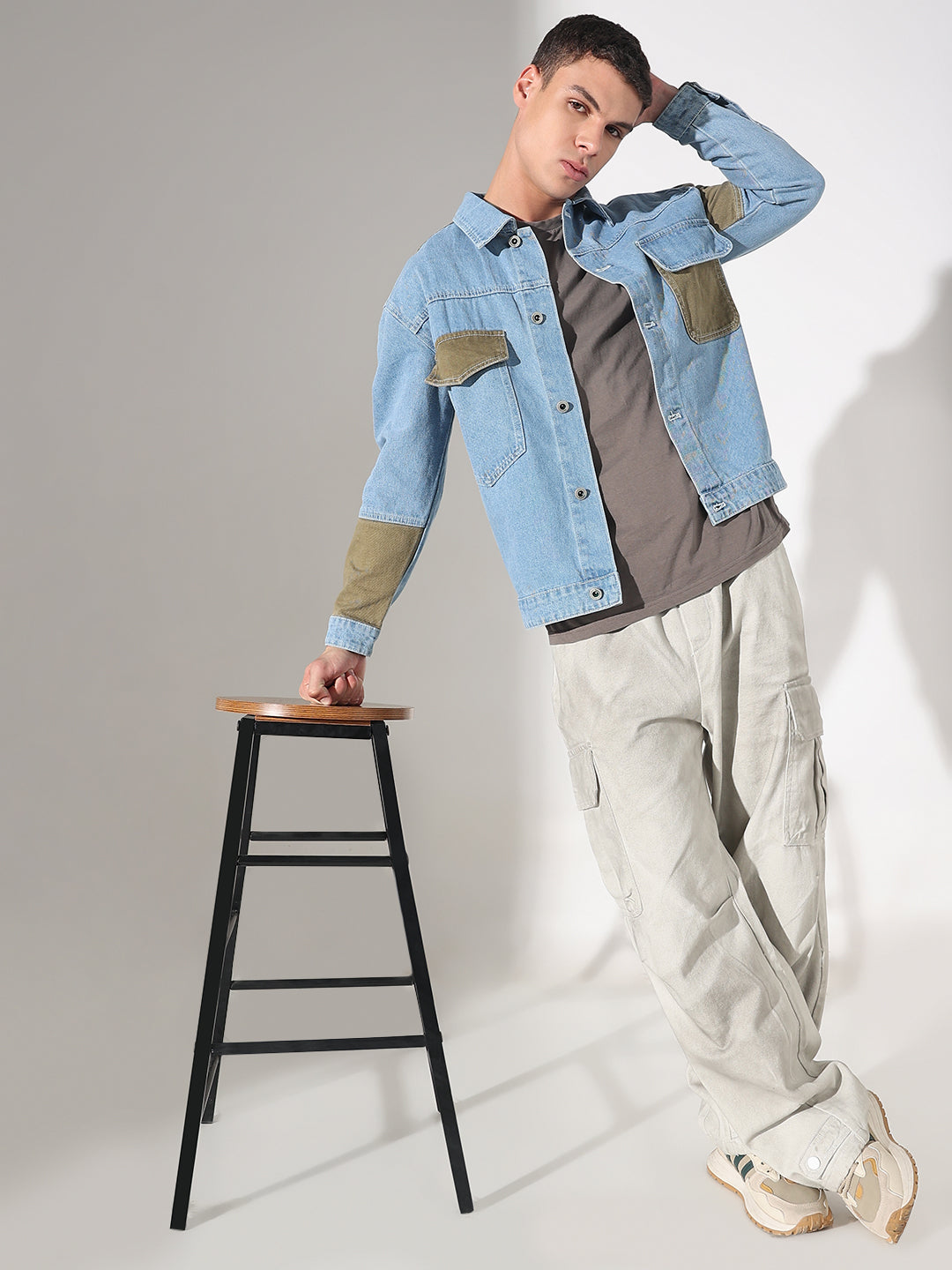 Men's Solid Blue Oversized Denim Jacket with Patchwork Detail