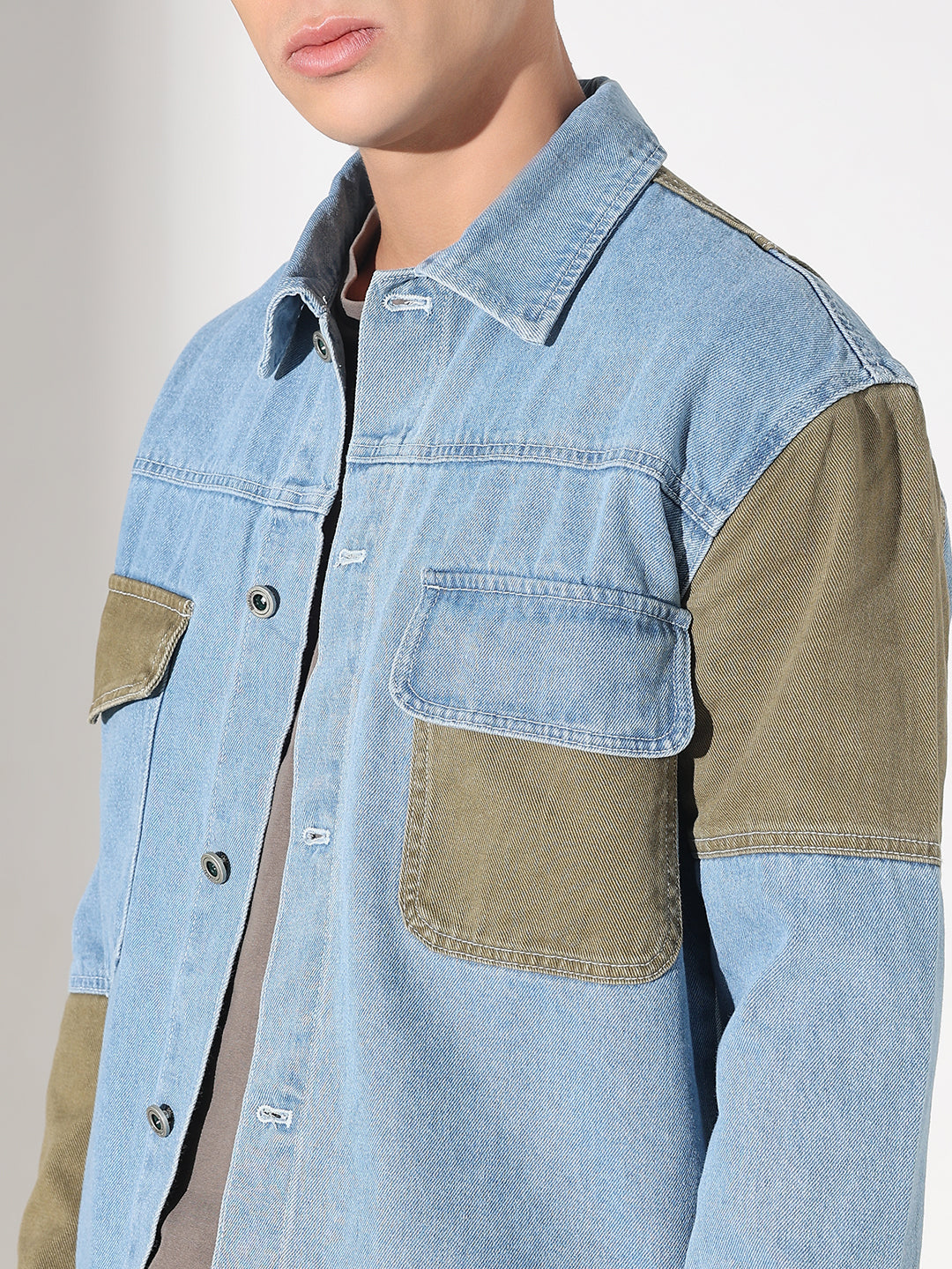 Men's Solid Blue Oversized Denim Jacket with Patchwork Detail