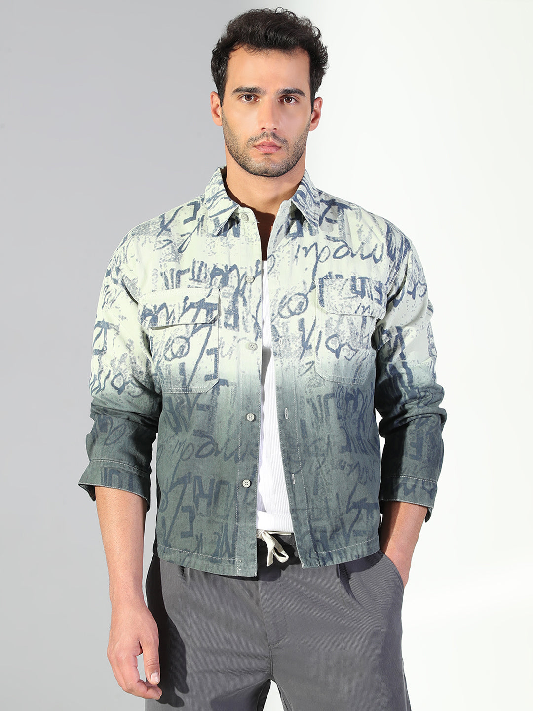 Men Typography Green Shacket