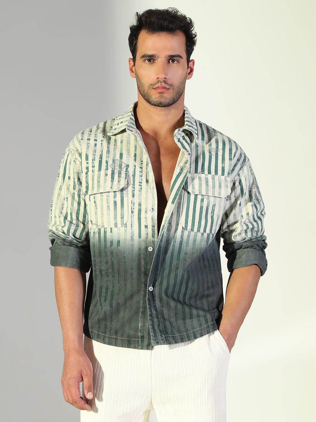 Men Striped Green Shacket