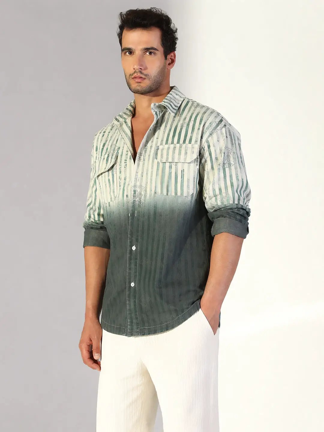 Men's Striped Ombre Green Shacket - Uncategorized from SHOWOFFFF