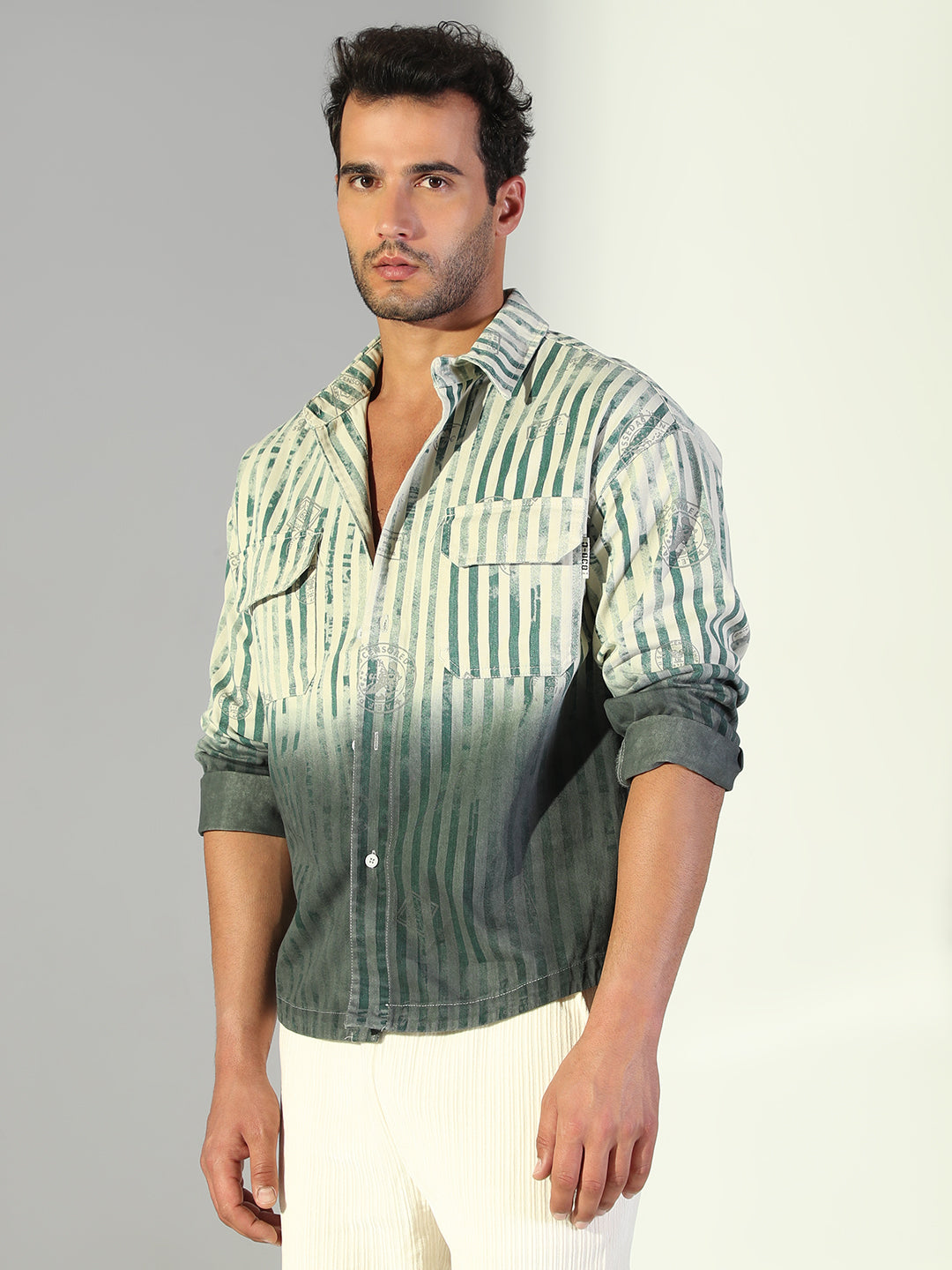 Men Striped Green Shacket