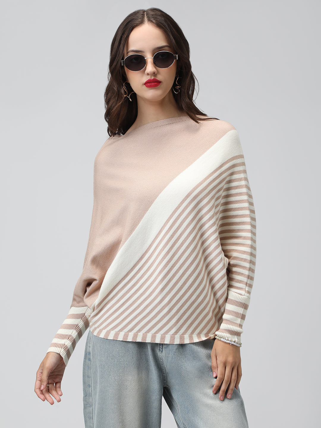 Women's Striped Colour blocked Beige & White Top