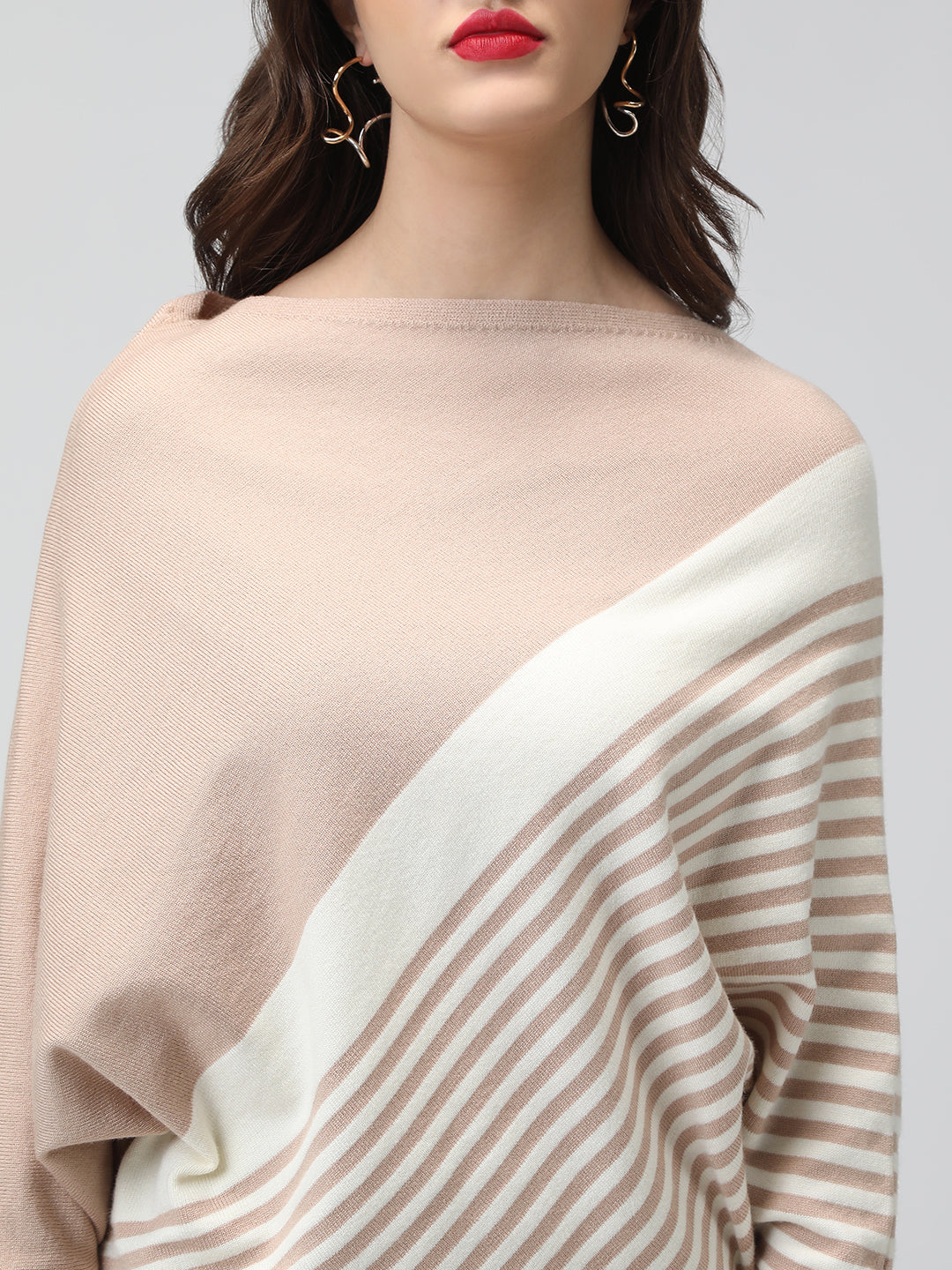 Women's Striped Colour blocked Beige & White Top