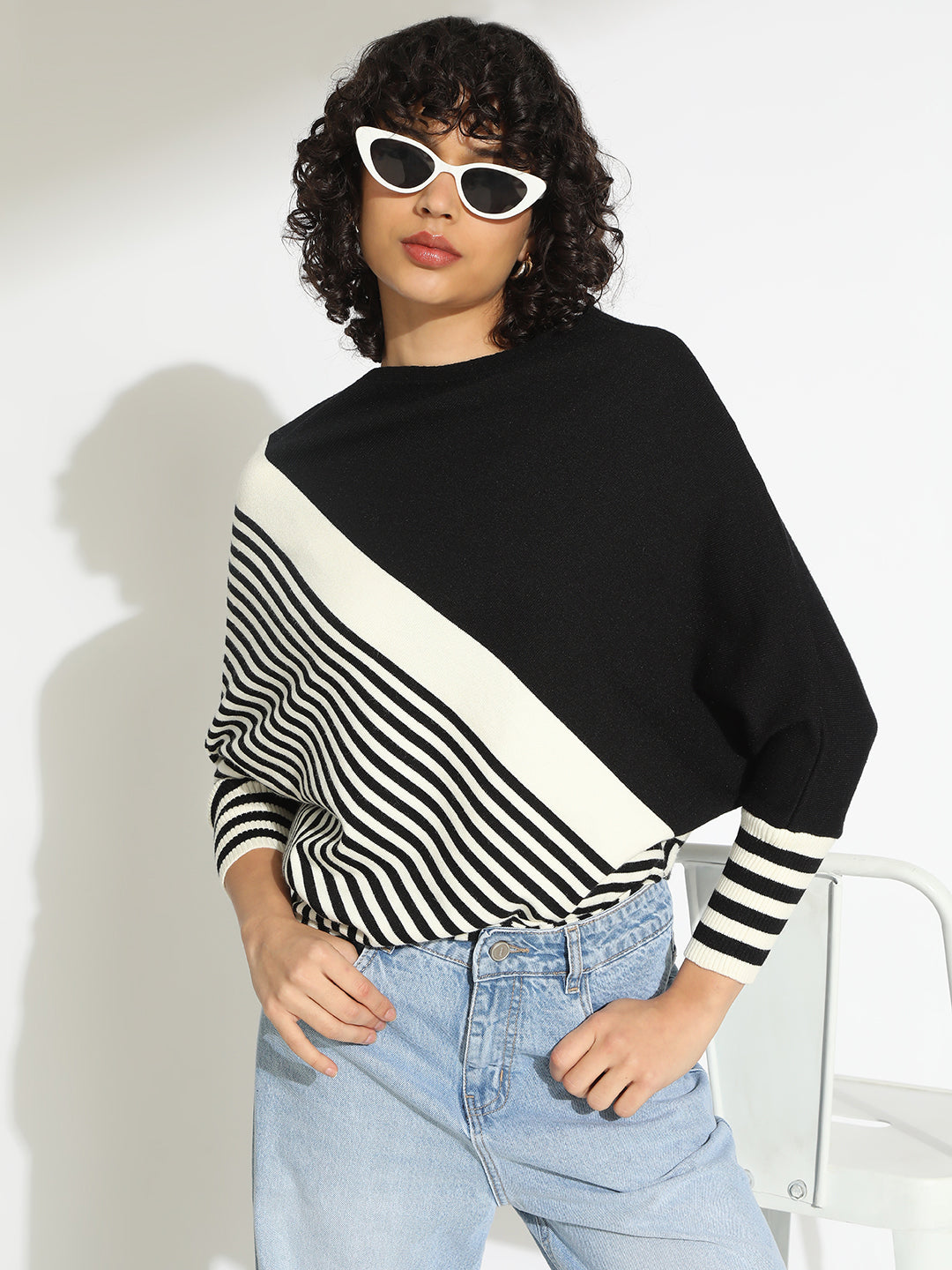 Women's Striped Colour blocked Black & White Top
