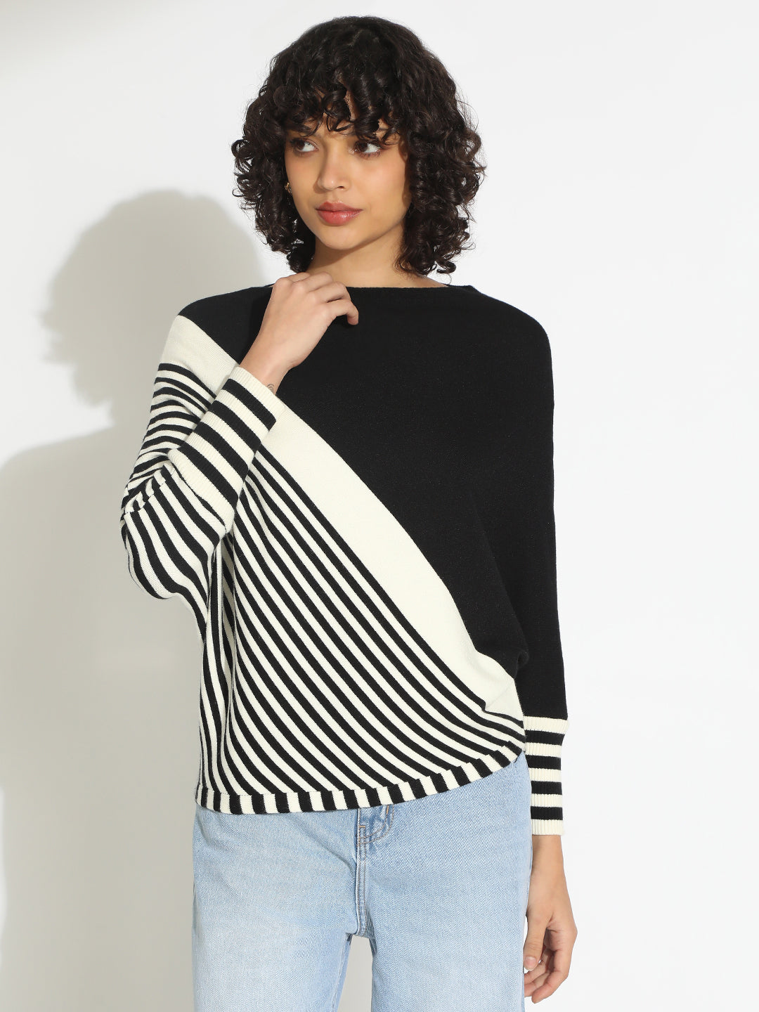Women's Striped Colour blocked Black & White Top