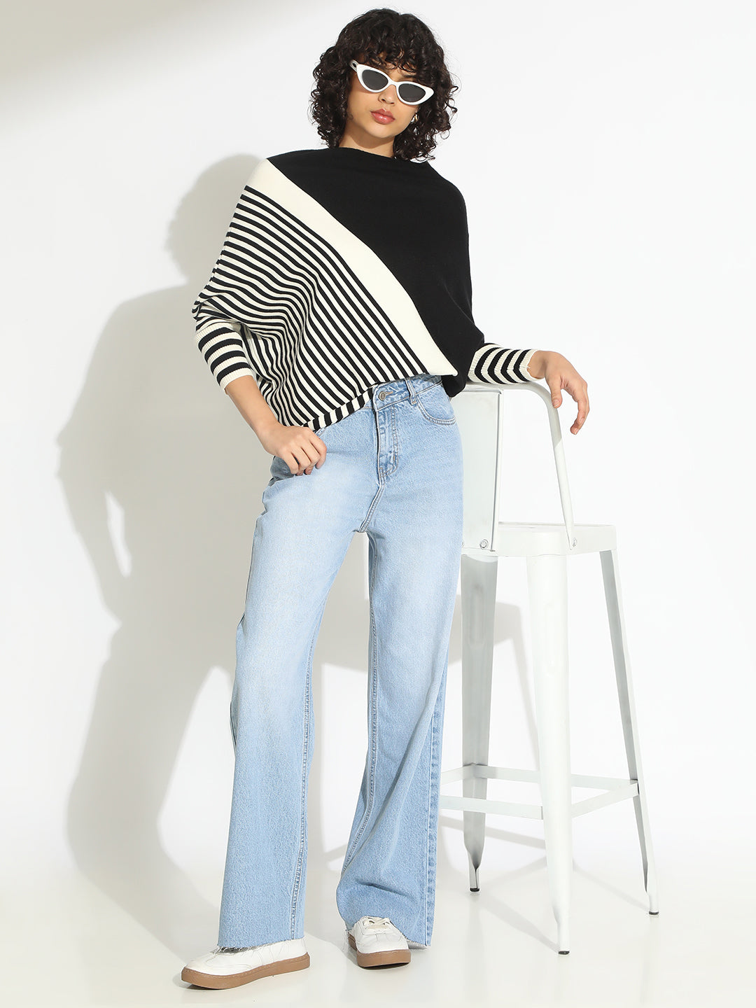 Women's Striped Colour blocked Black & White Top