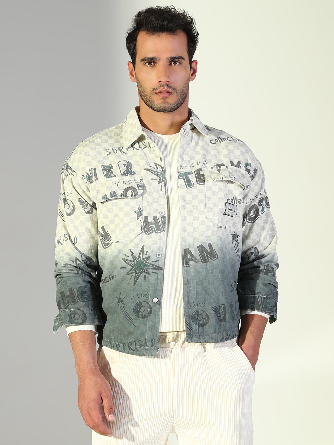 Men Typography Cream Shacket