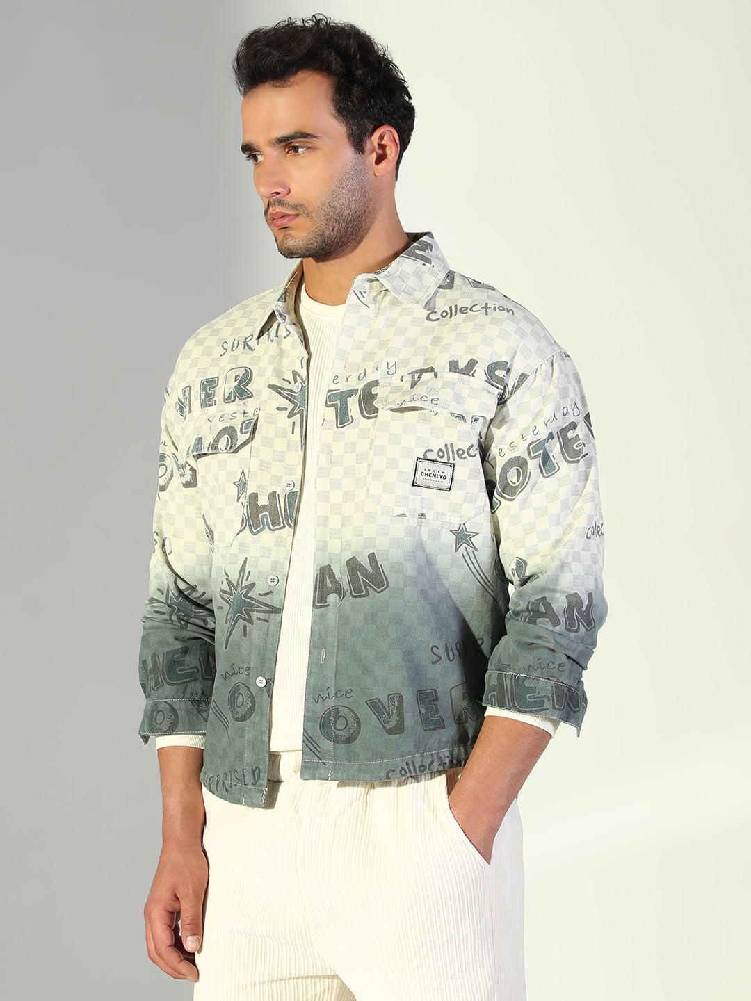 Men Typography Cream Shacket