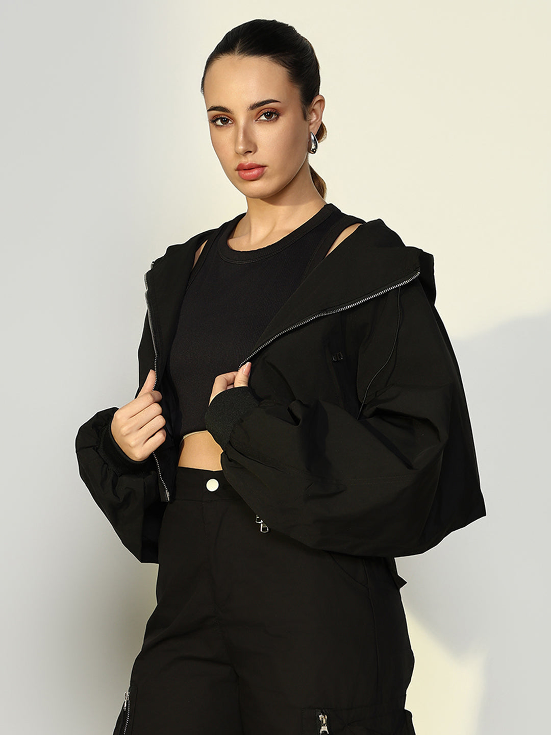 Women Solid Black Crop Bomber Jacket