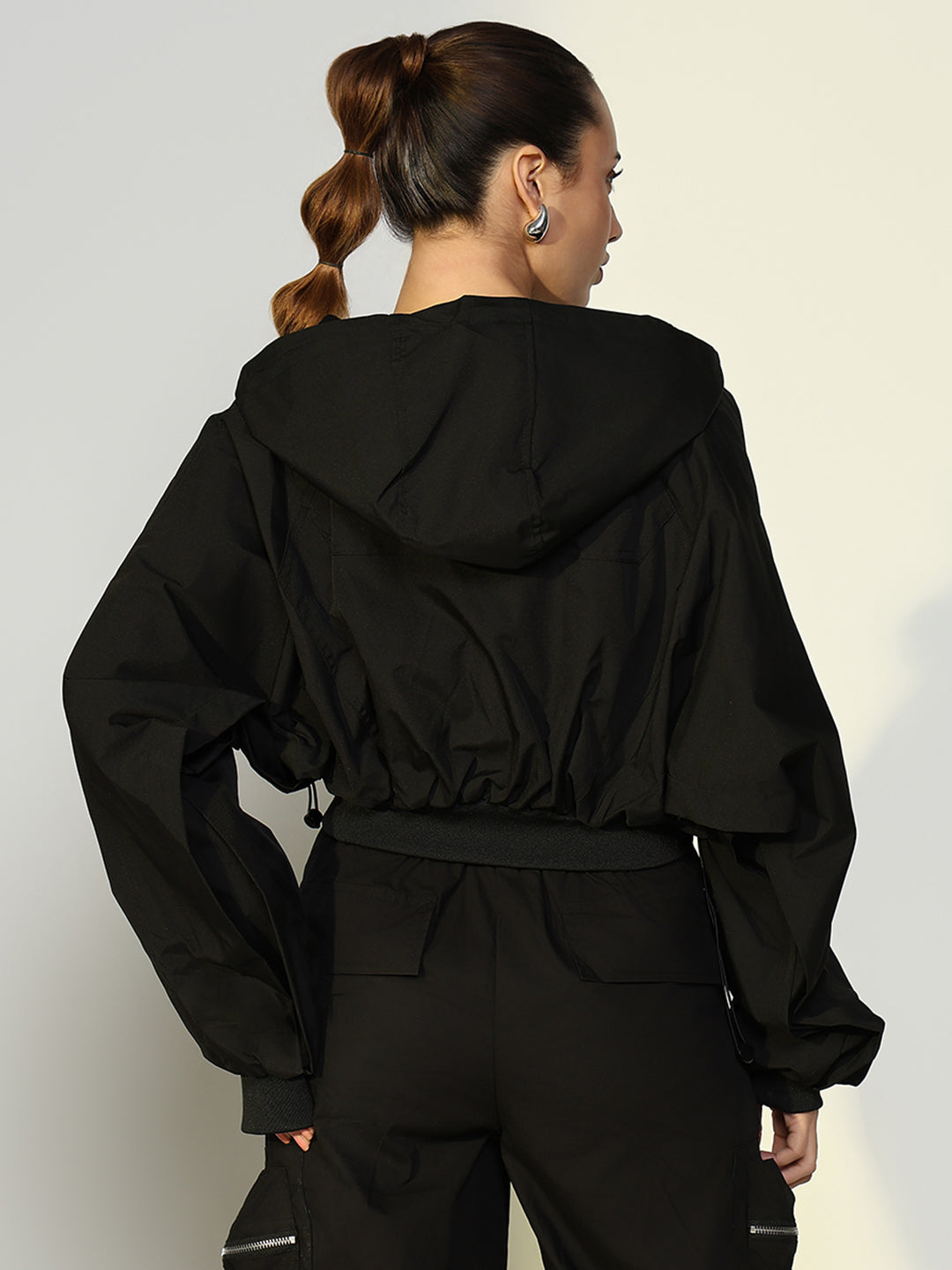 Women Solid Black Crop Bomber Jacket