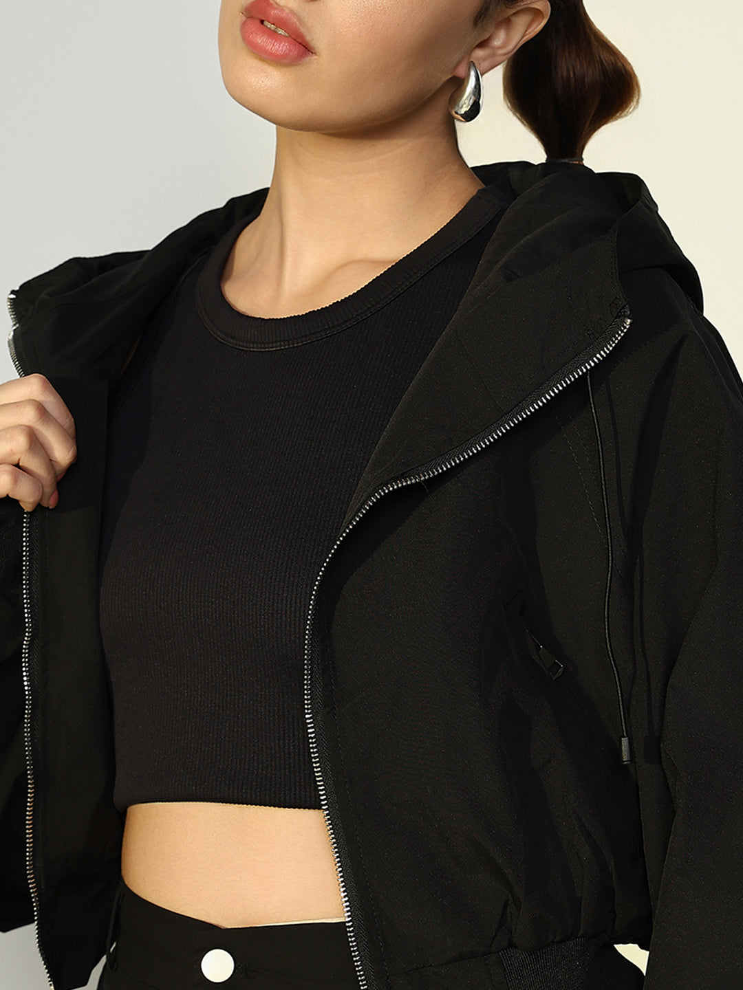 Women Solid Black Crop Bomber Jacket