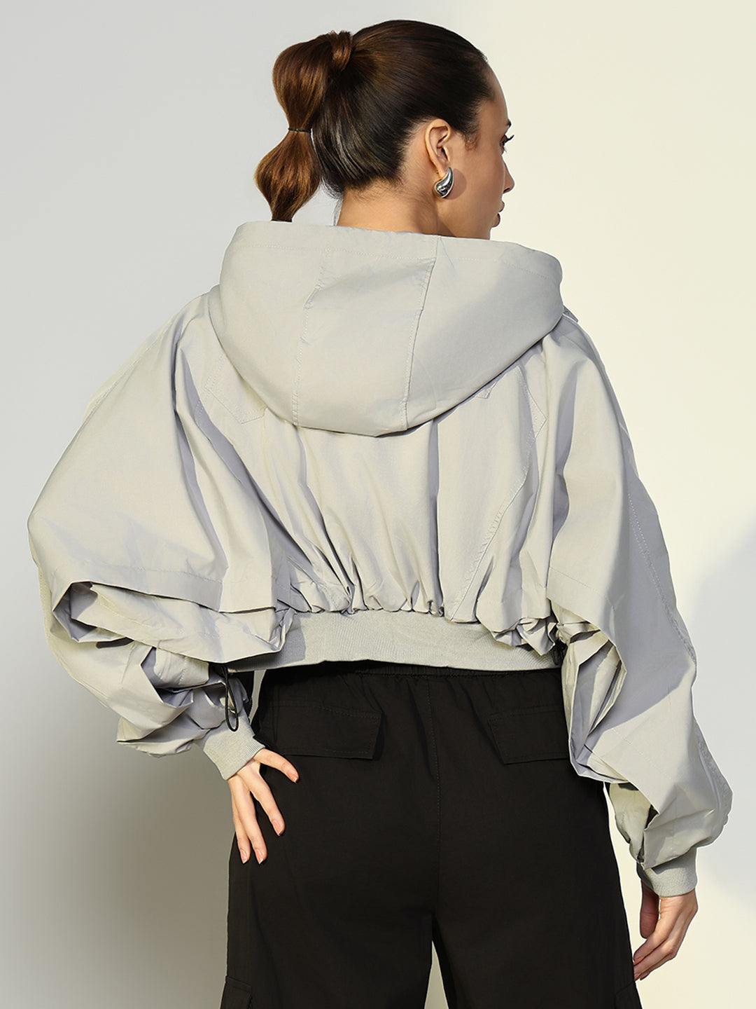 Women Solid Grey Crop Bomber Jacket