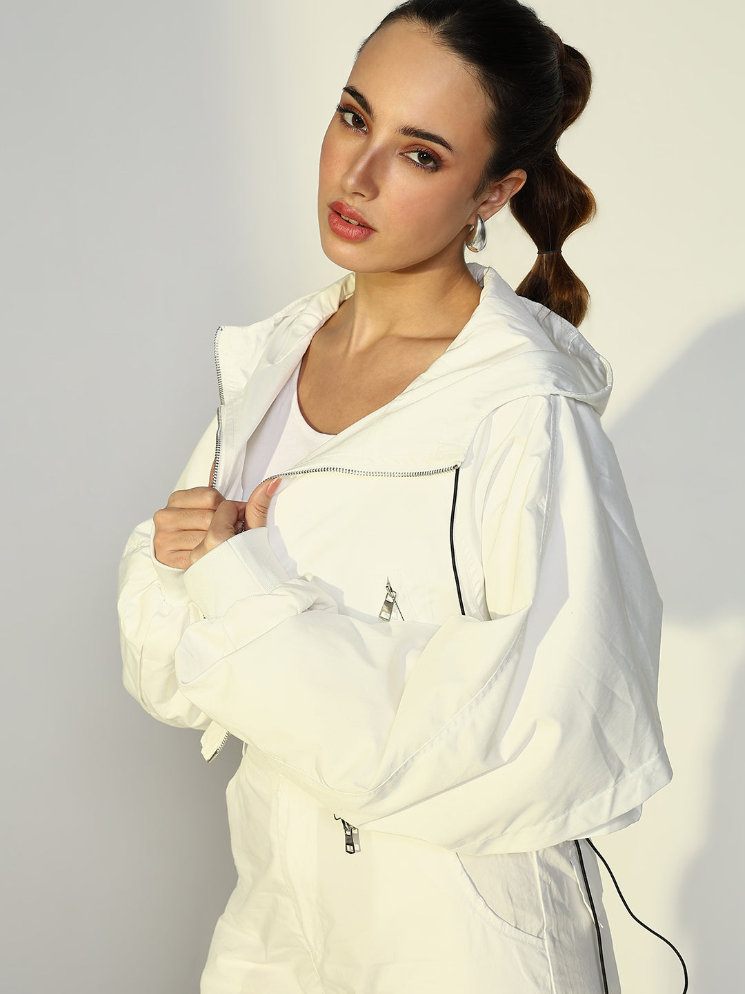 Women Solid White Crop Bomber Jacket