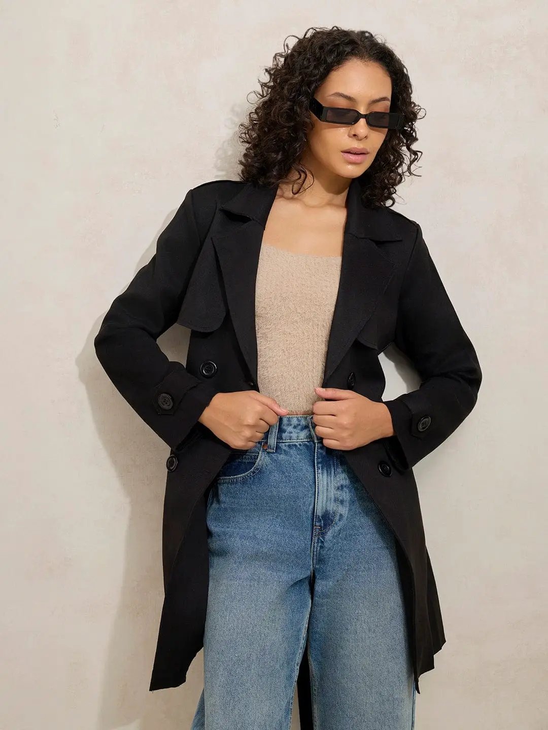 Buy Women's Black Trench Coat with Shoulder Flaps Online | Showoffff