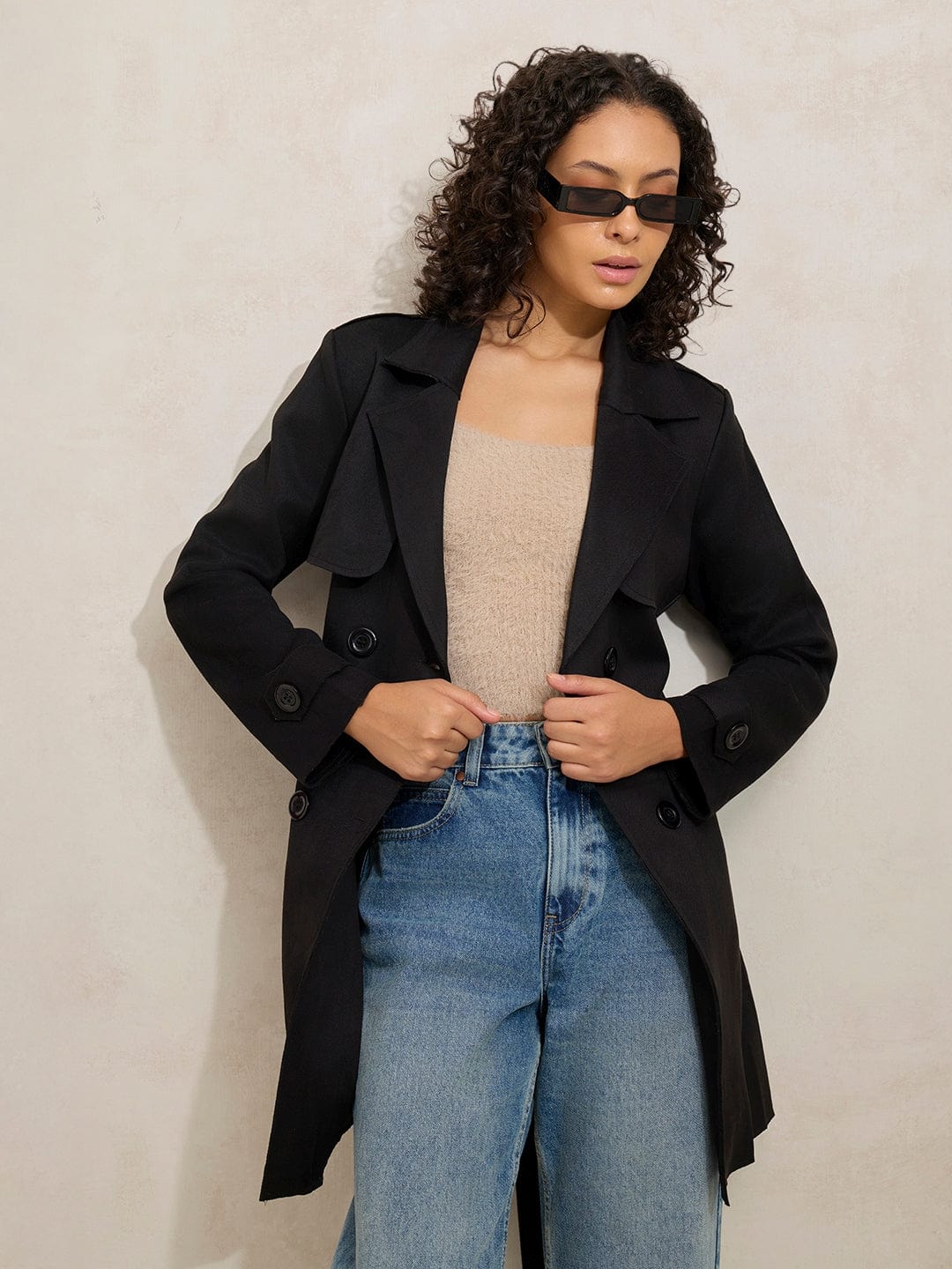 Women's Black Trench Coat with Shoulder Flaps