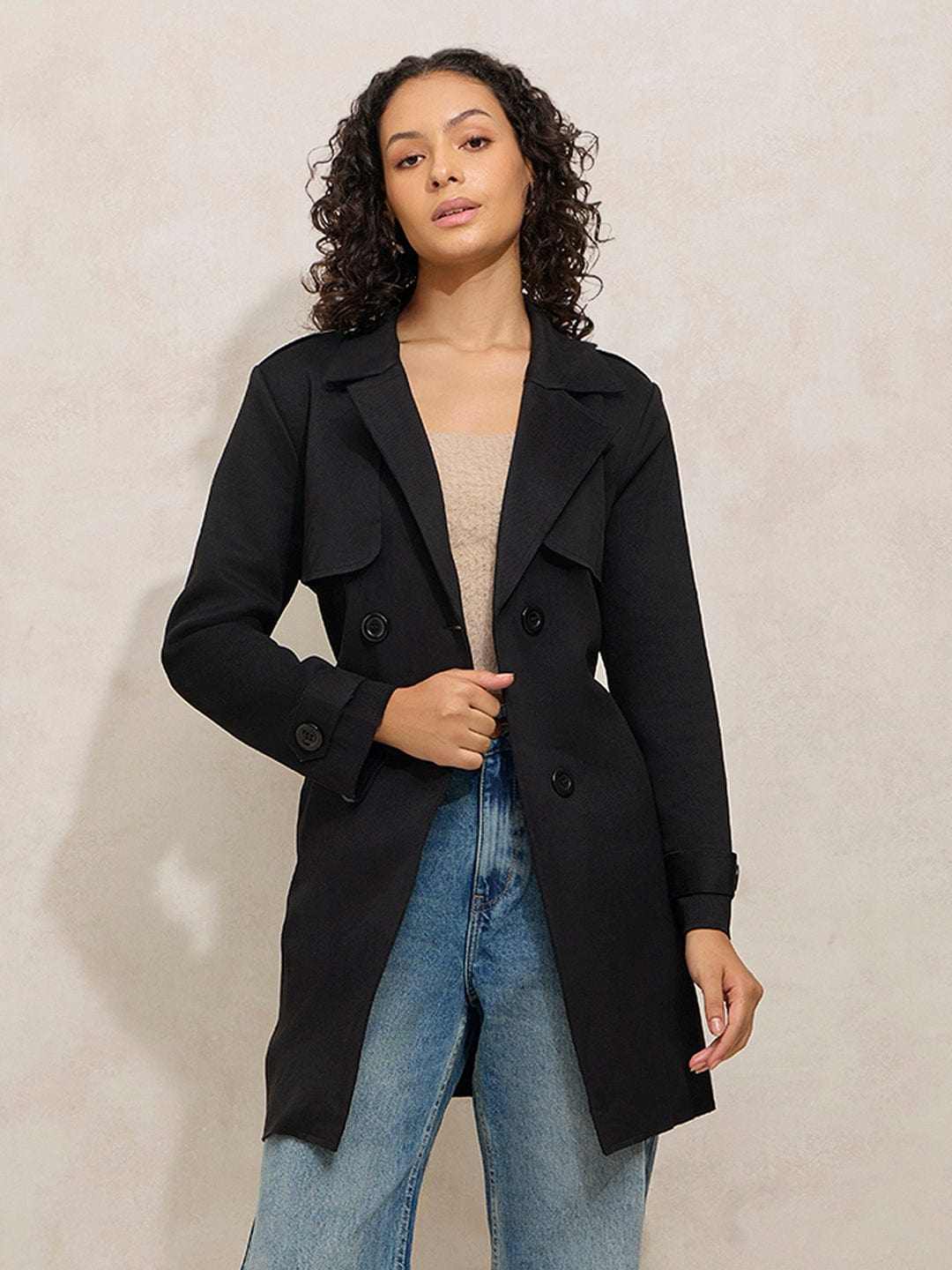 Women's Black Trench Coat with Shoulder Flaps