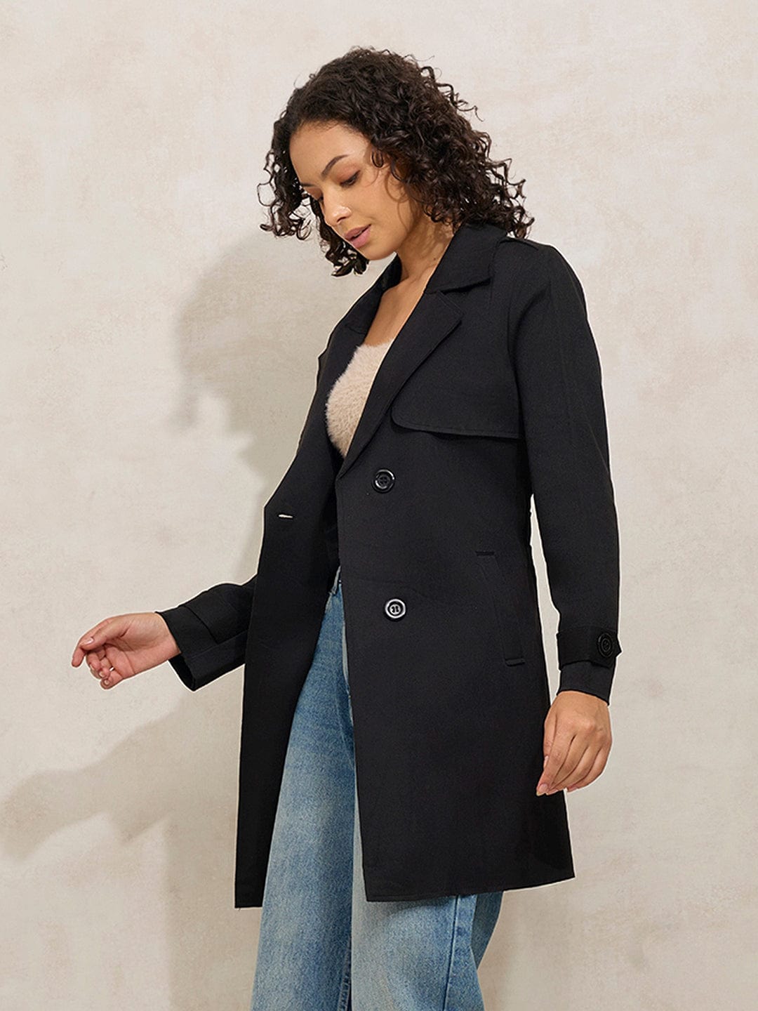 Women's Black Trench Coat with Shoulder Flaps