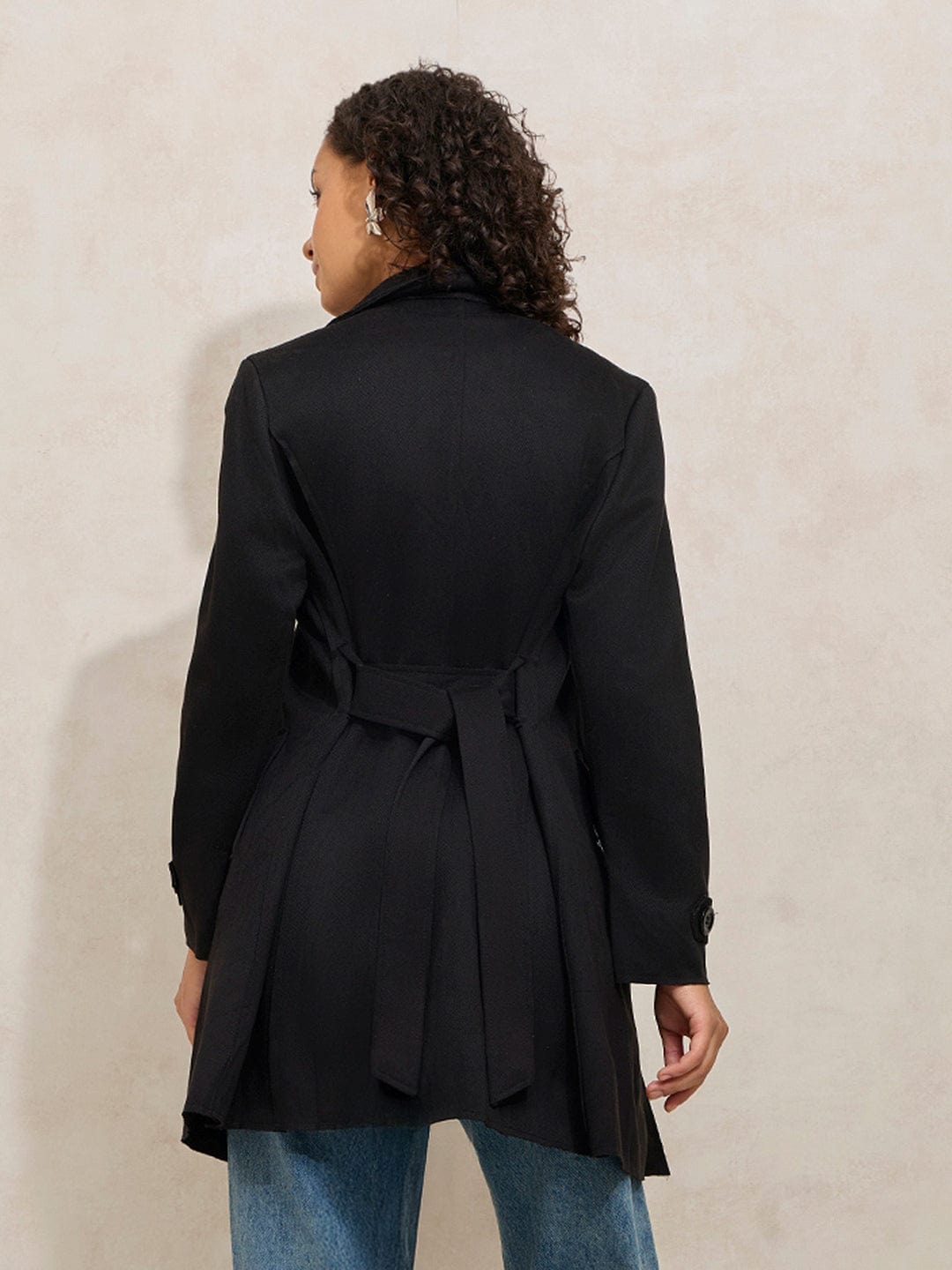 Women's Black Trench Coat with Shoulder Flaps