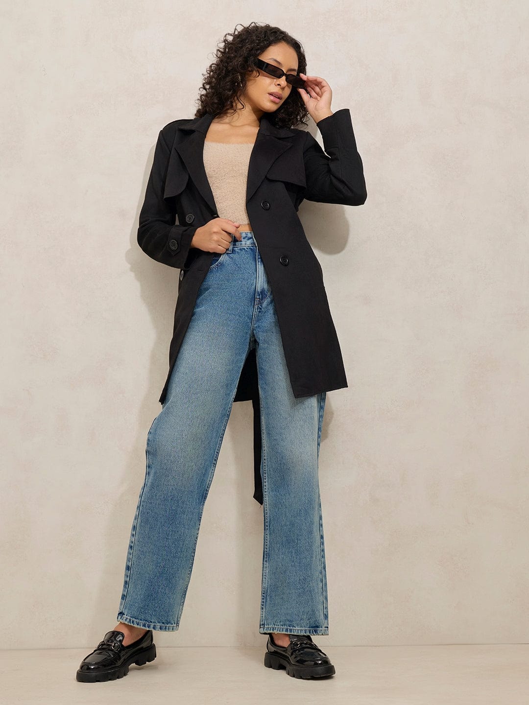 Women's Black Trench Coat with Shoulder Flaps