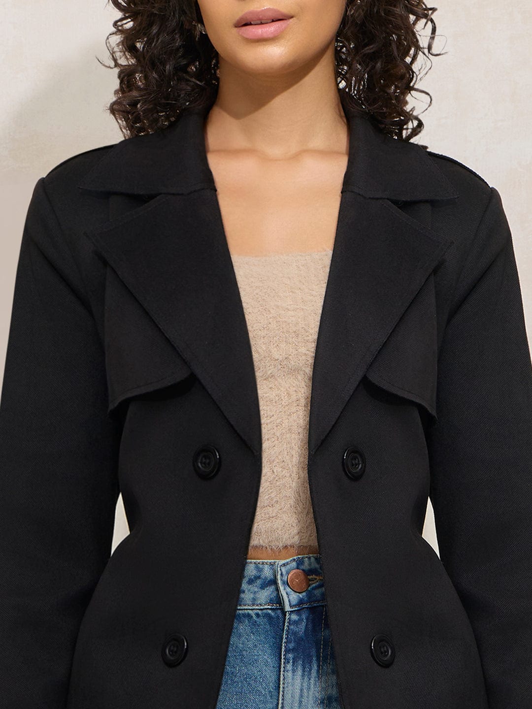 Women's Black Trench Coat with Shoulder Flaps