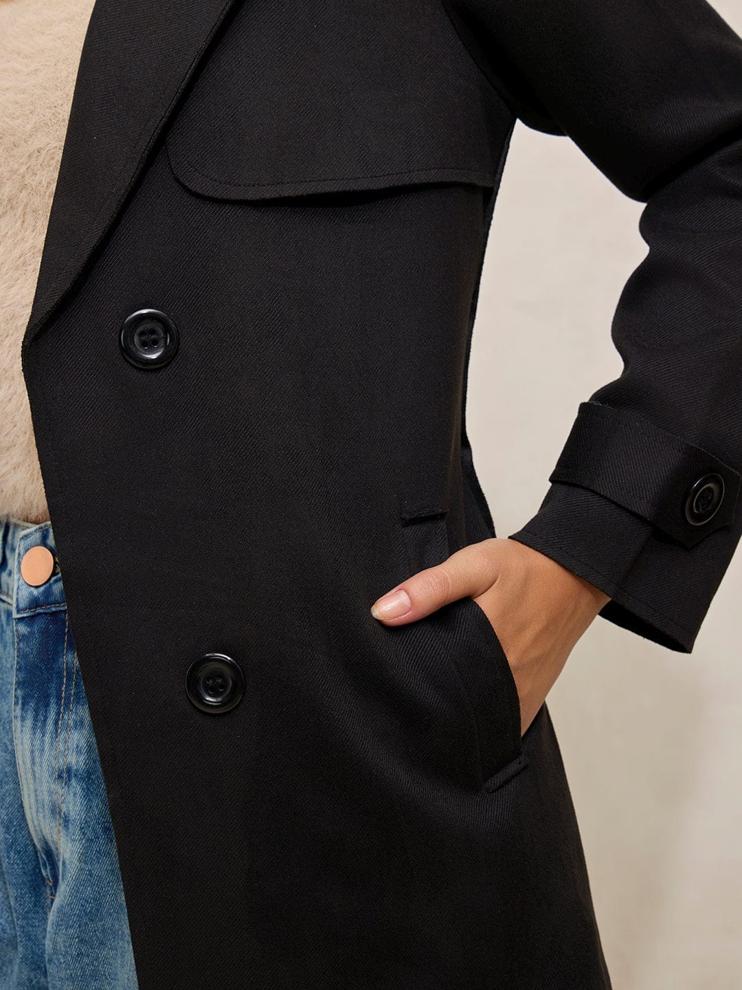 Women's Black Trench Coat with Shoulder Flaps